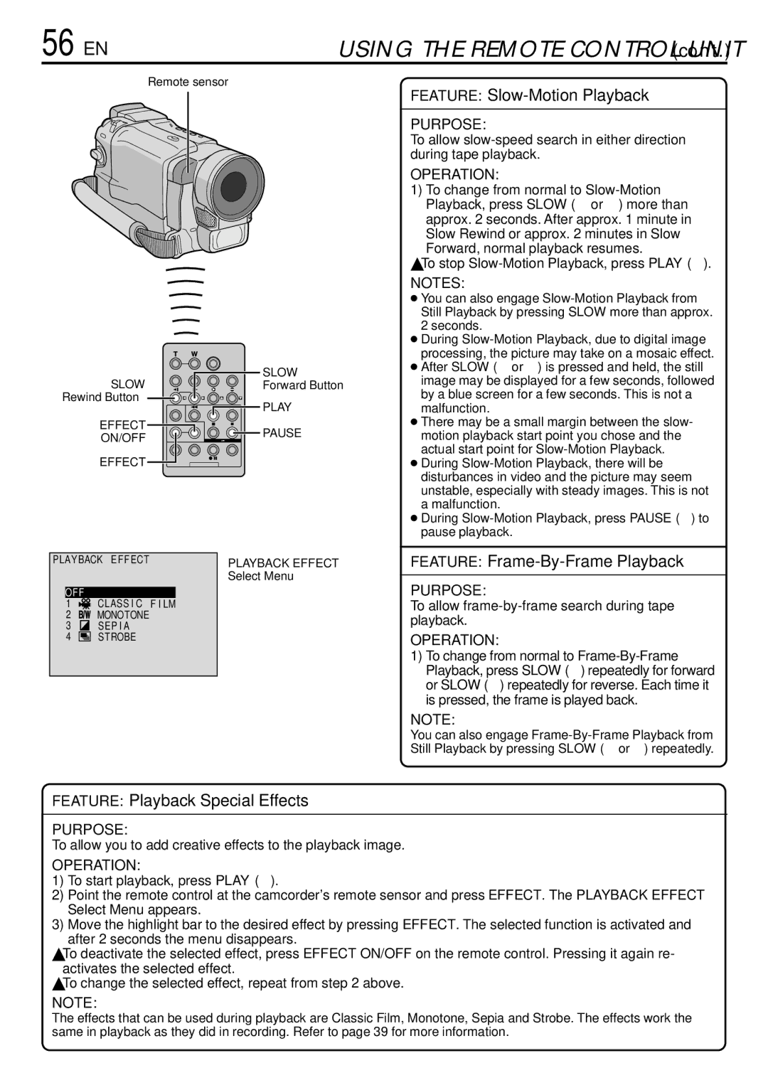 JVC GR-DVL765 specifications 56 EN, To allow frame-by-frame search during tape playback, Select Menu 