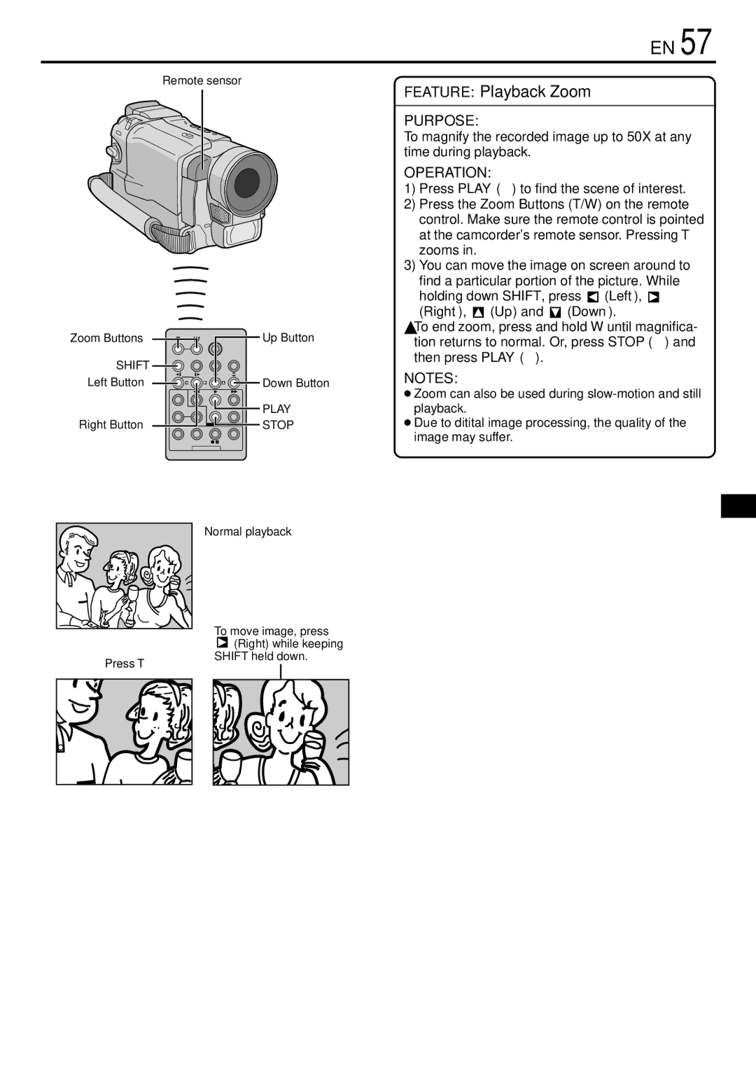 JVC GR-DVL765 specifications Right Button Stop Normal playback To move image, press, Press T 