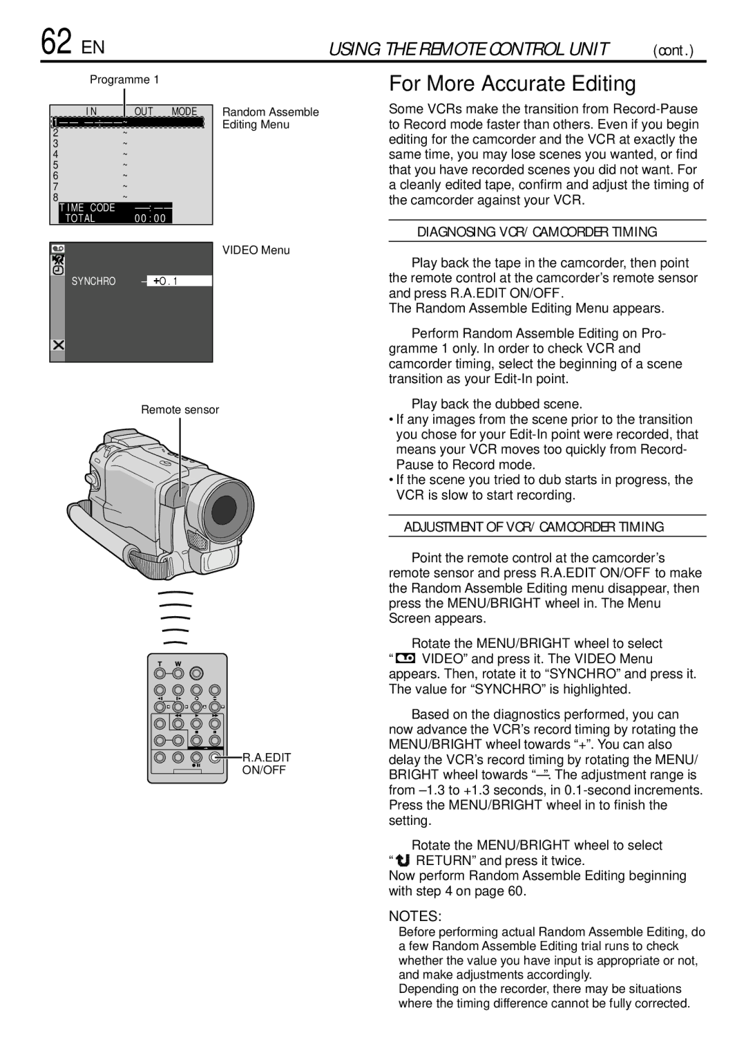 JVC GR-DVL765 62 EN, For More Accurate Editing, Diagnosing VCR/CAMCORDER Timing, Adjustment of VCR/CAMCORDER Timing 