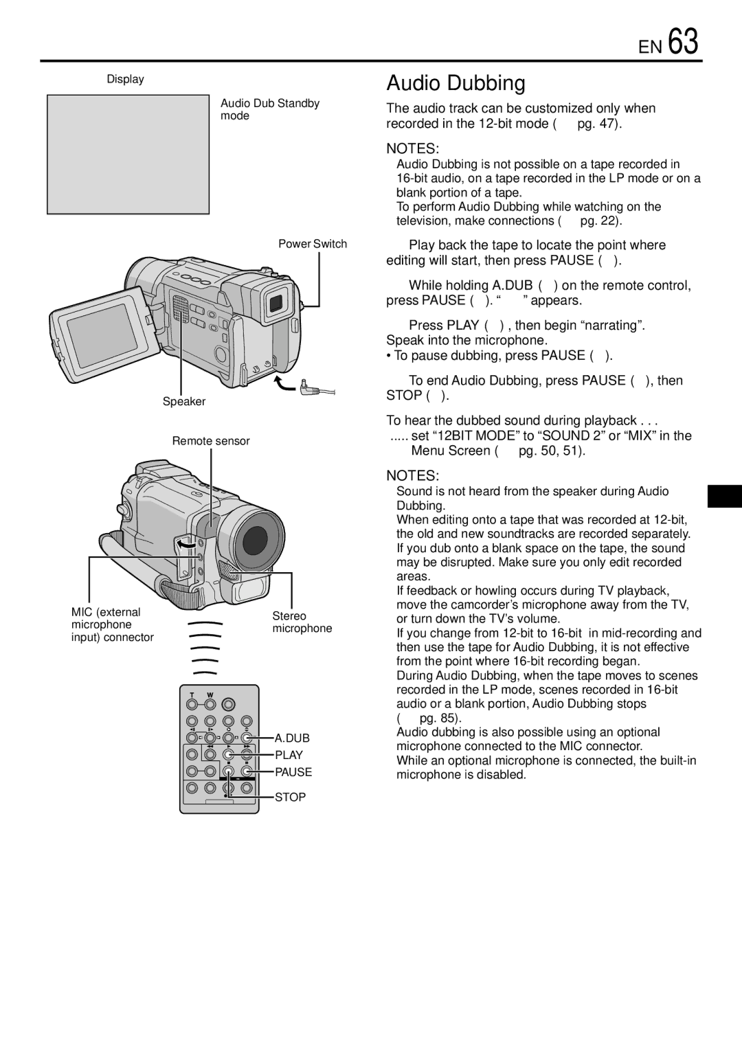 JVC GR-DVL765 Audio Dubbing, To hear the dubbed sound during playback, Set 12BIT Mode to Sound 2 or MIX Menu Screen  pg 