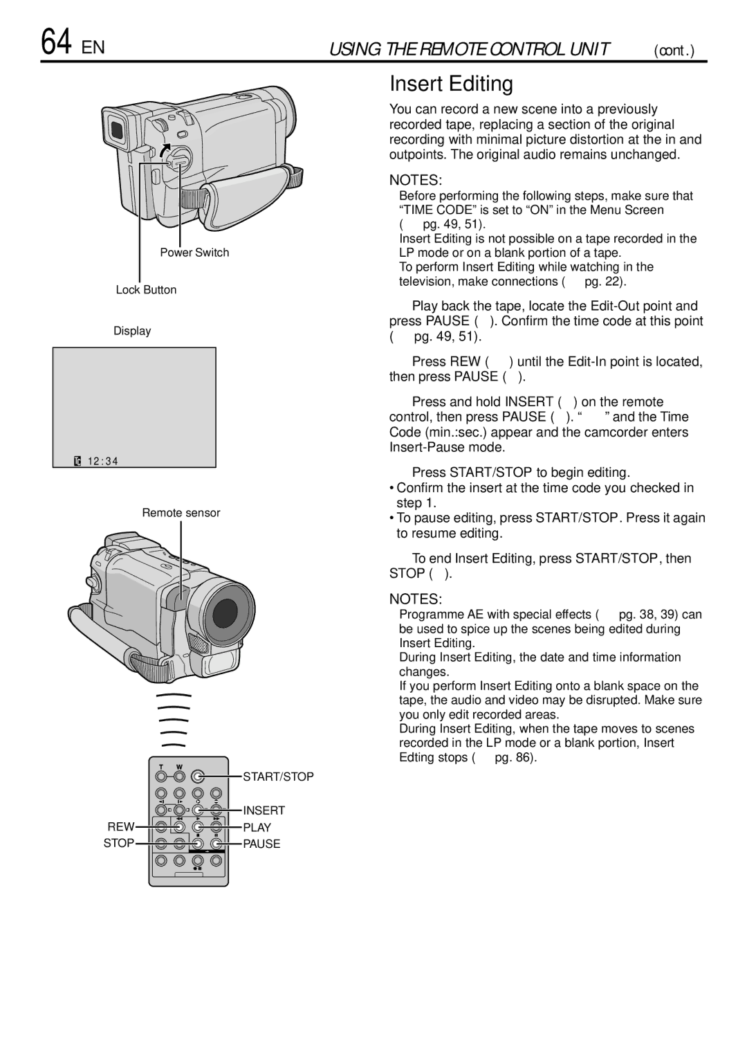 JVC GR-DVL765 specifications 64 EN, Insert Editing 