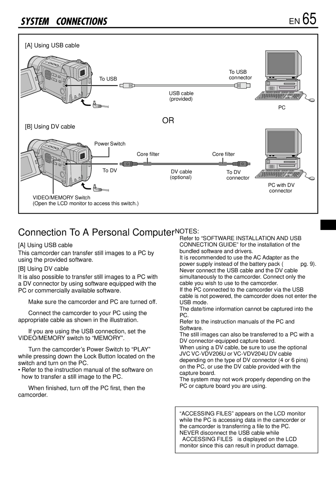 JVC GR-DVL765 specifications Using USB cable, Using DV cable, To USB Connector, Core filter 