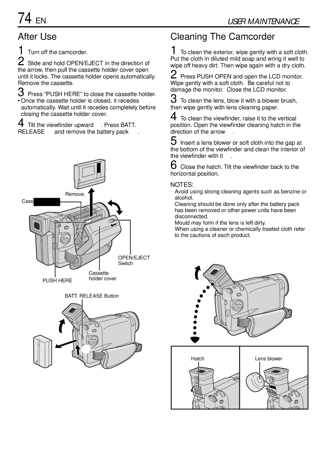 JVC GR-DVL765 specifications 74 EN, After Use, Cleaning The Camcorder 