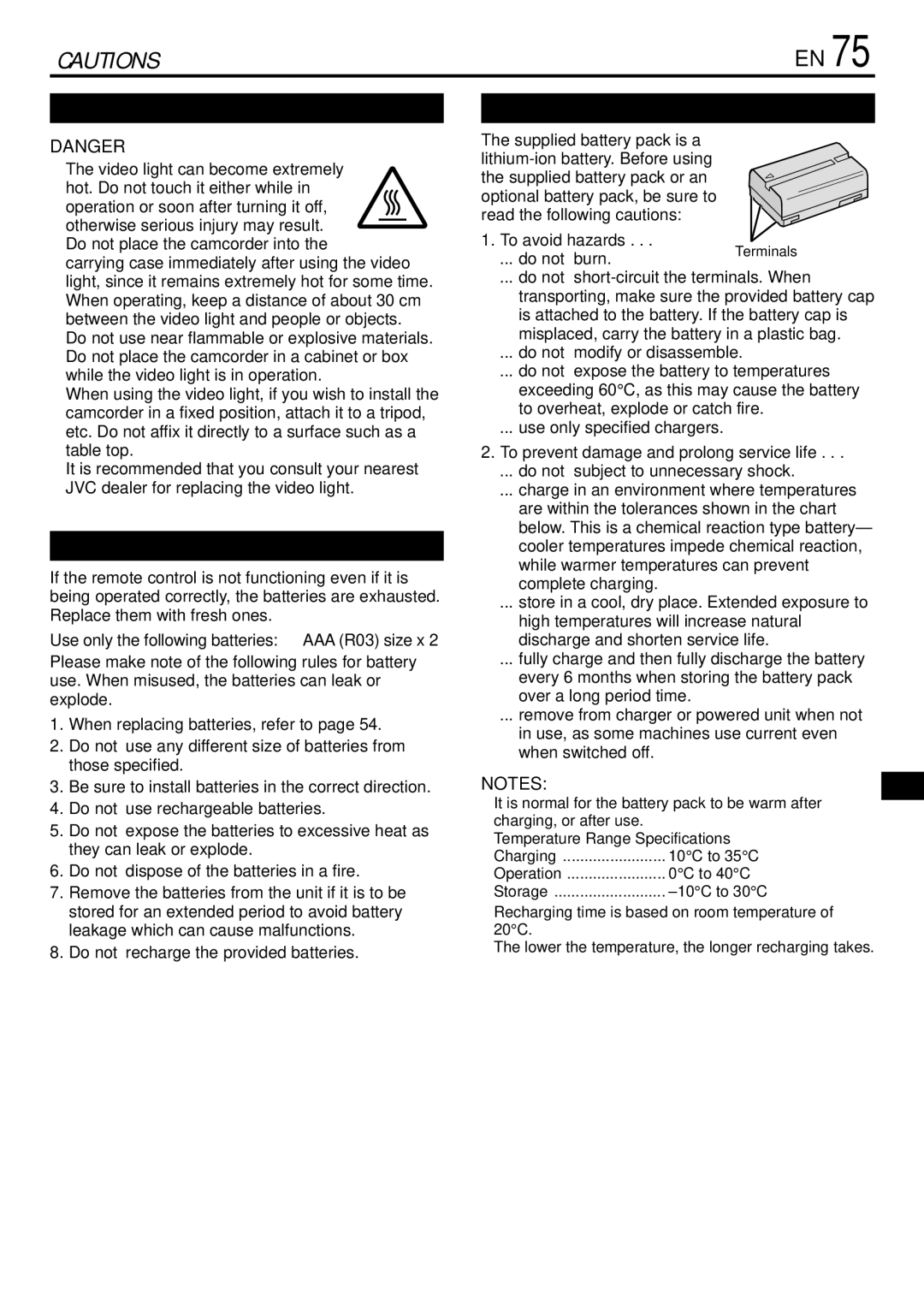 JVC GR-DVL765 specifications Use only the following batteries AAA R03 size x, To avoid hazards 