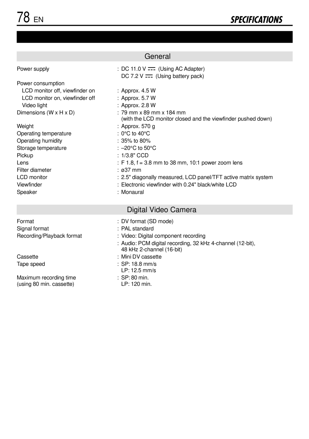 JVC GR-DVL765 specifications 78 EN 