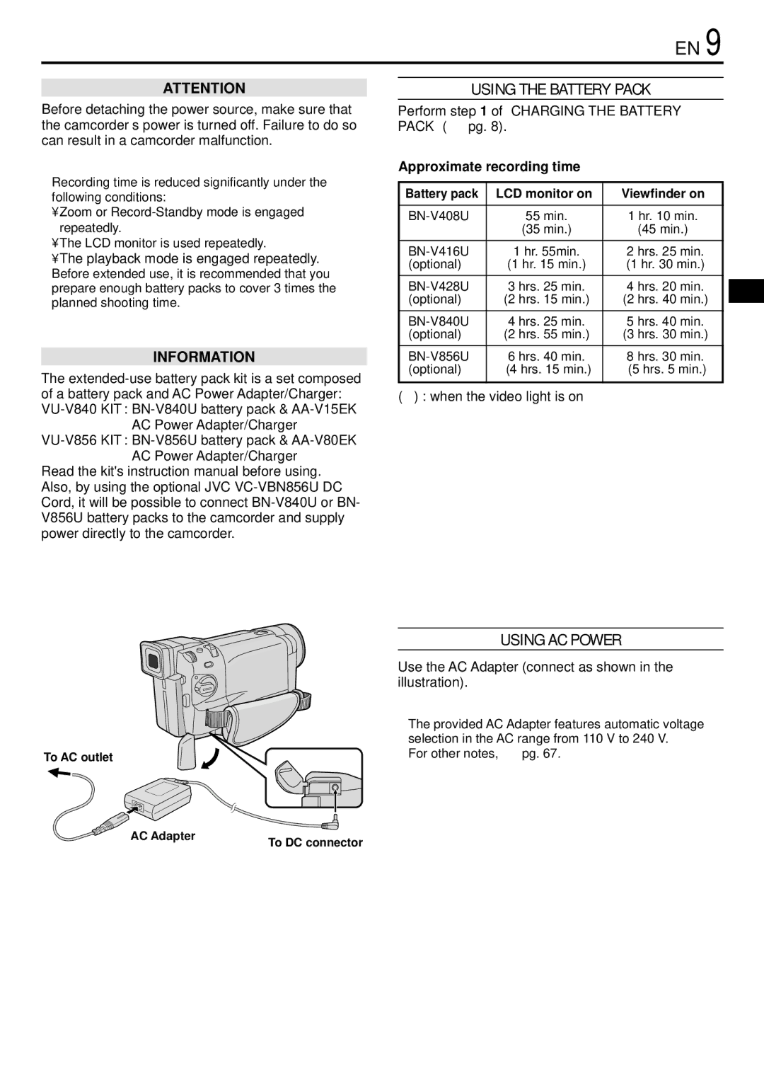 JVC GR-DVL765 specifications Using the Battery Pack, Using AC Power, Approximate recording time 