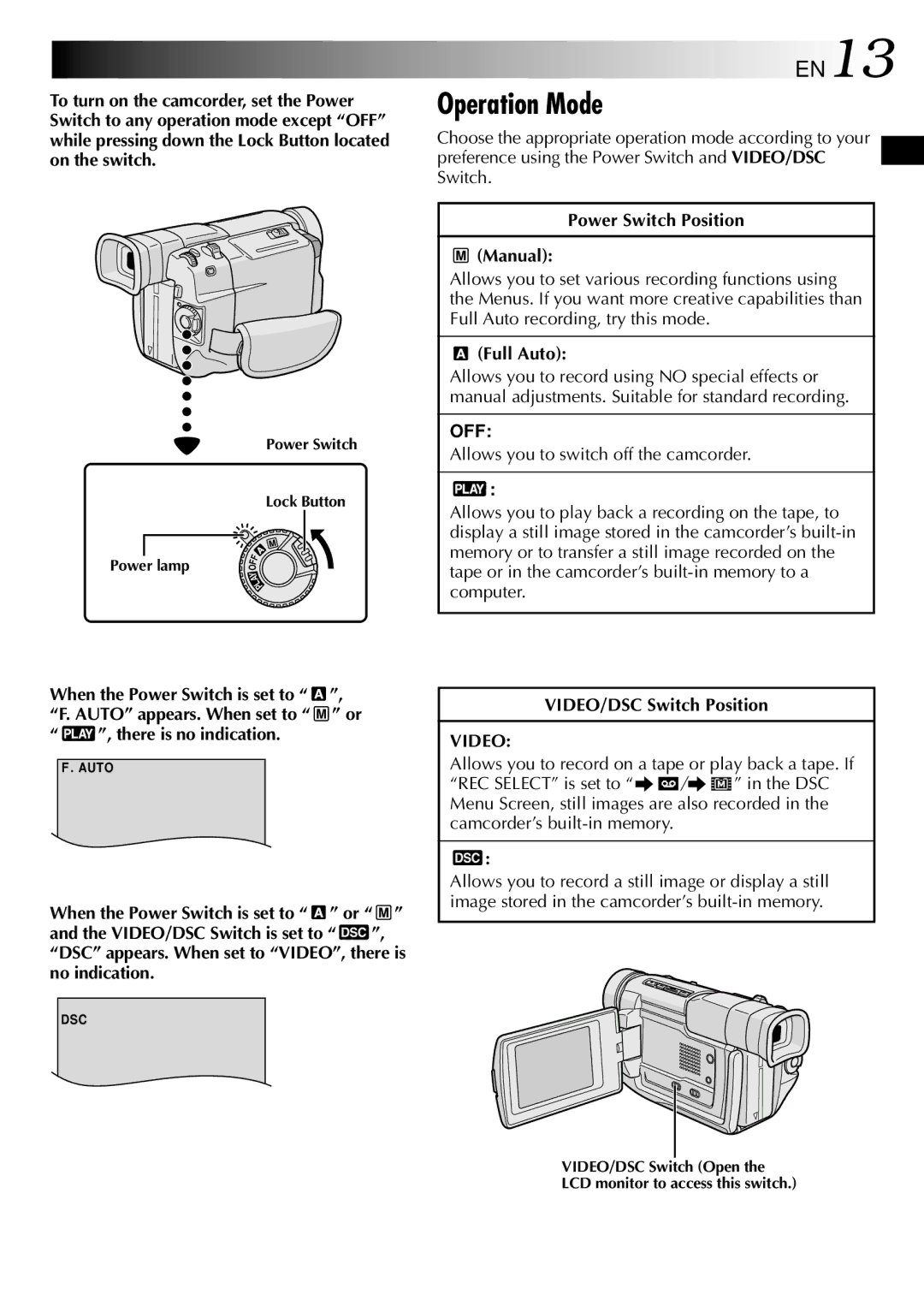 JVC GR-DVL800 specifications Operation Mode, EN13, Off 