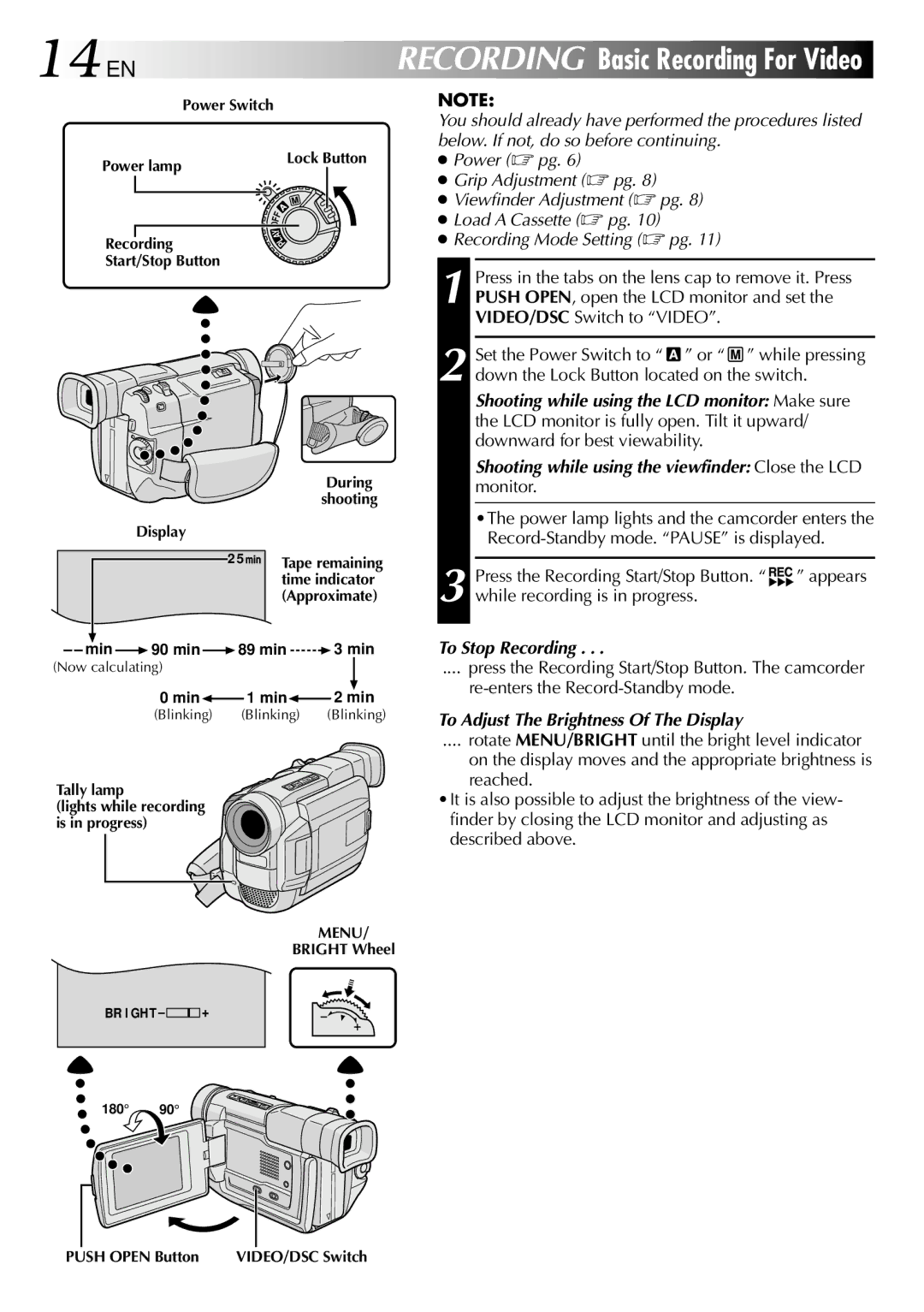 JVC GR-DVL800 14 EN, While recording is in progress, To Stop Recording, To Adjust The Brightness Of The Display 