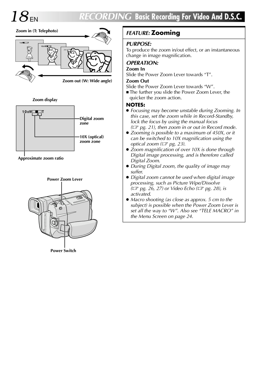 JVC GR-DVL800 specifications 18 EN, Slide the Power Zoom Lever towards T, Zoom Out 