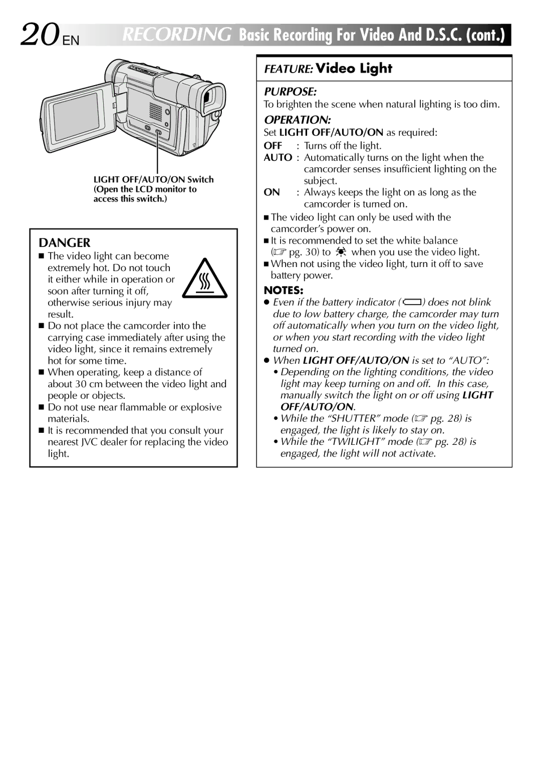 JVC GR-DVL800 specifications 20 EN, Feature Video Light, To brighten the scene when natural lighting is too dim 