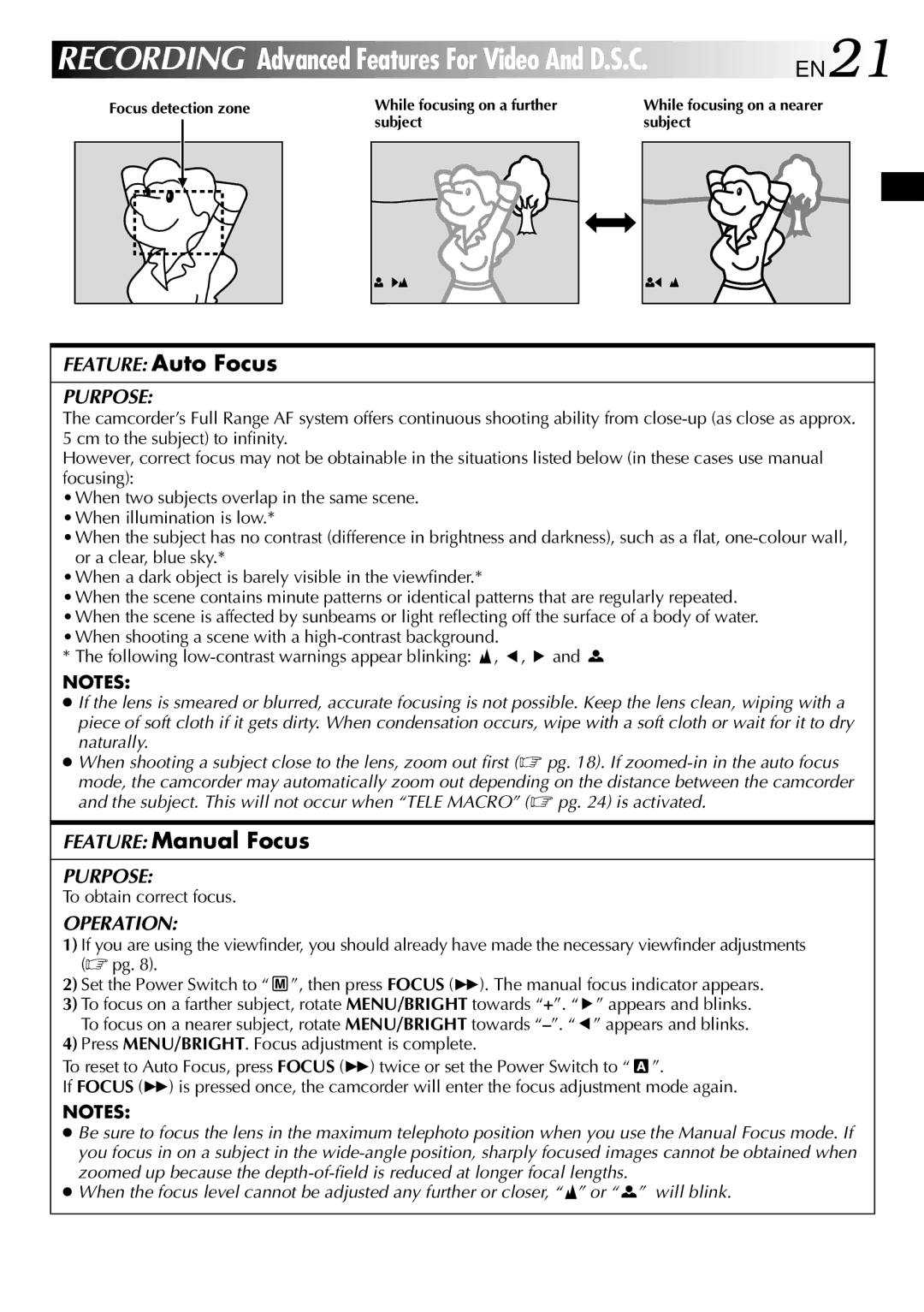 JVC GR-DVL800 specifications EN21, Feature Auto Focus, Feature Manual Focus, To obtain correct focus 