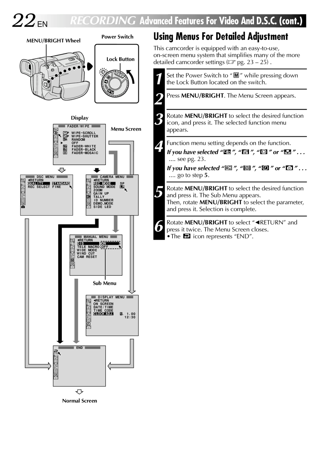 JVC GR-DVL800 specifications Using Menus For Detailed Adjustment, Appears, See pg, Go to step 