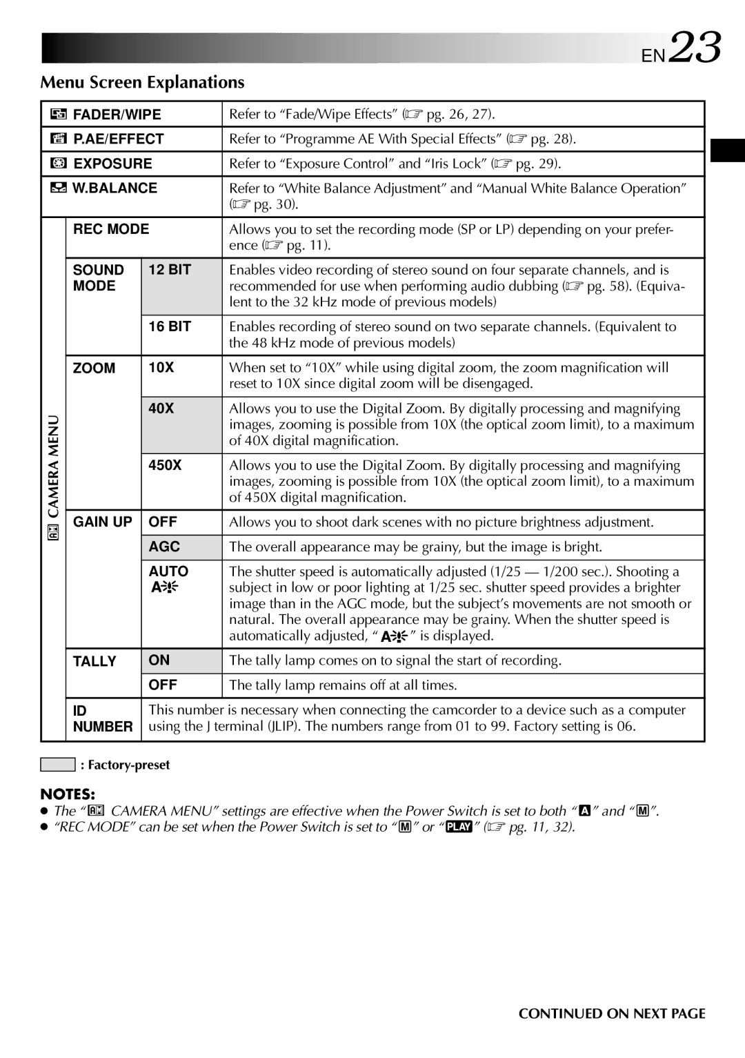 JVC GR-DVL800 specifications Menu Screen Explanations EN23 