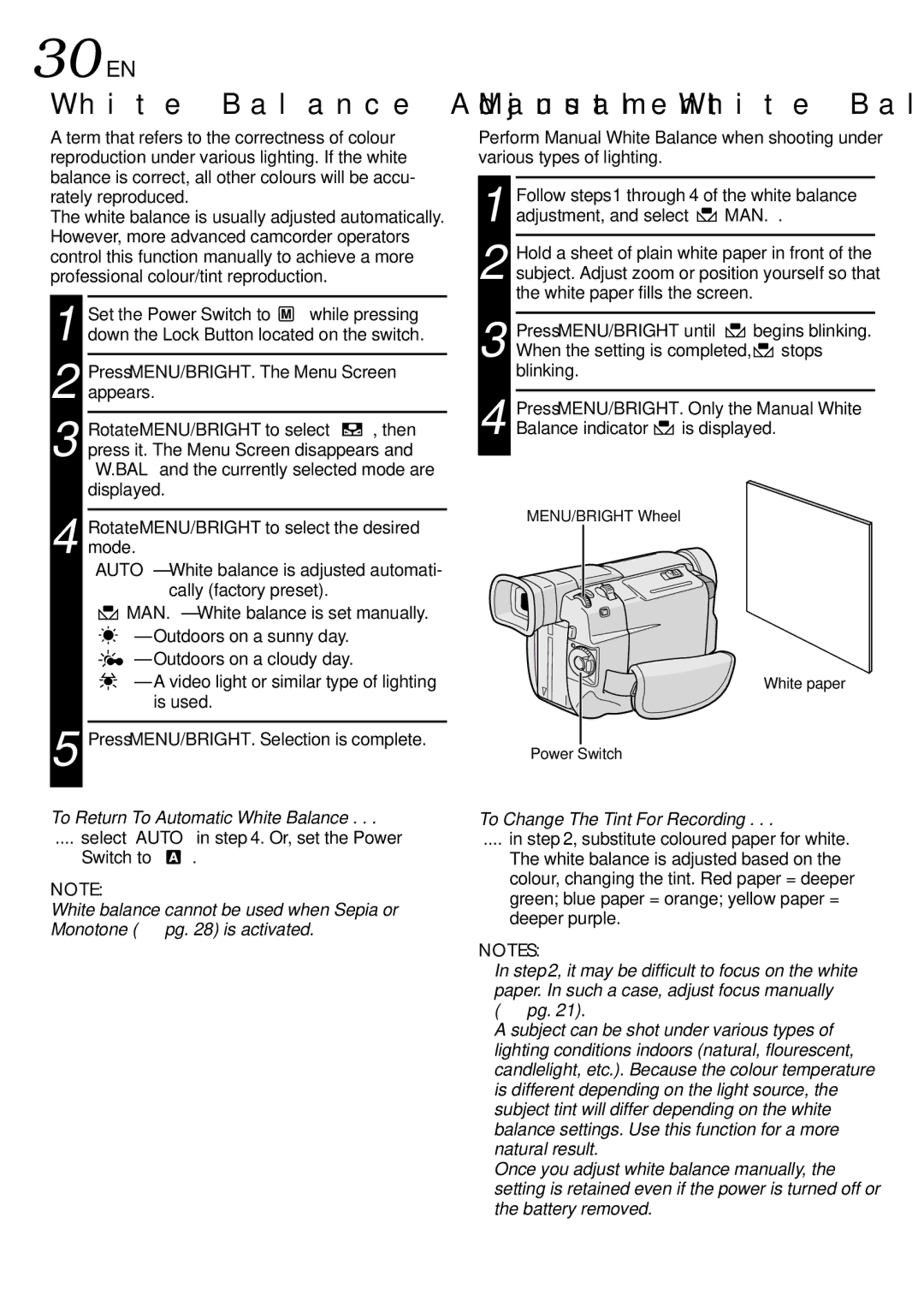 JVC GR-DVL800 specifications White Balance Adjustment, Manual White Balance Operation, To Return To Automatic White Balance 