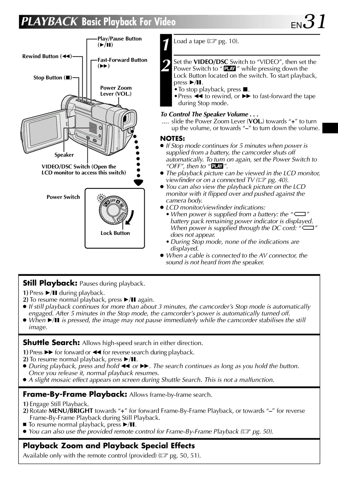 JVC GR-DVL800 specifications EN31, Playback Zoom and Playback Special Effects, To Control The Speaker Volume 