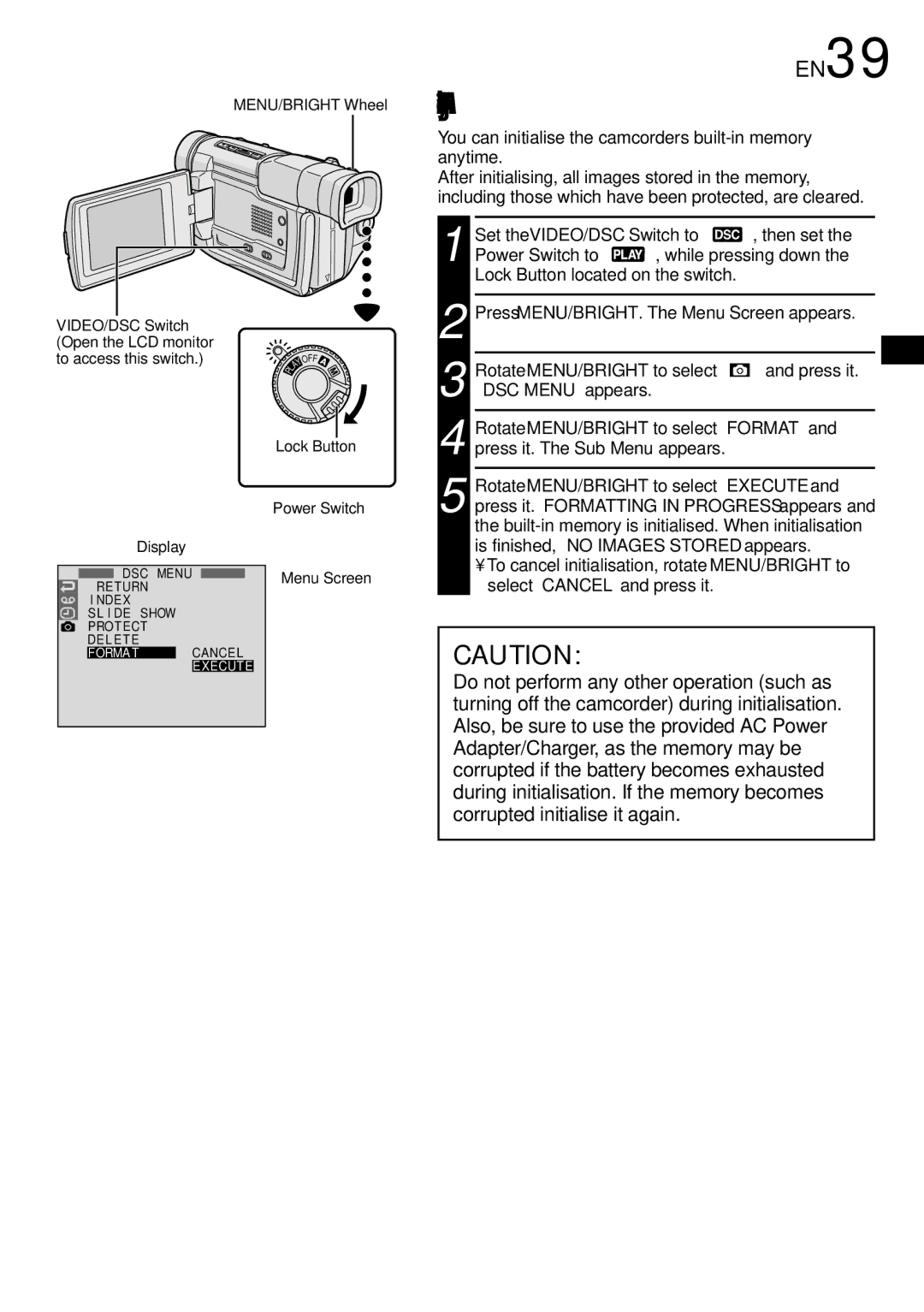 JVC GR-DVL800 Initialising The Built-in Memory, EN39, You can initialise the camcorder’s built-in memory anytime 