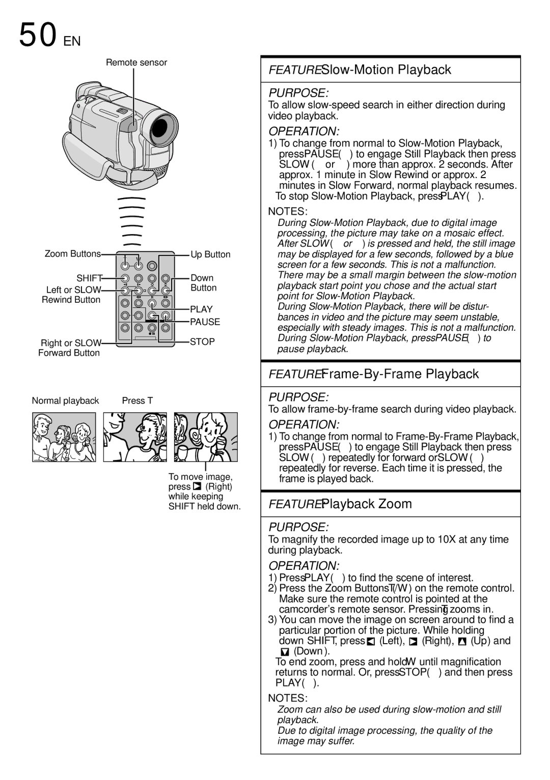 JVC GR-DVL800 specifications 50 EN, Feature Slow-Motion Playback, Feature Frame-By-Frame Playback, Feature Playback Zoom 