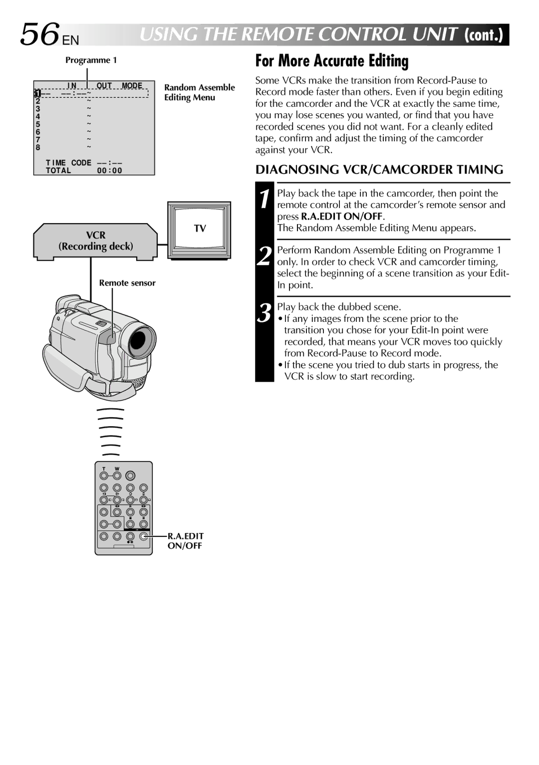 JVC GR-DVL800 specifications 56 EN, For More Accurate Editing, Diagnosing VCR/CAMCORDER Timing, Recording deck 