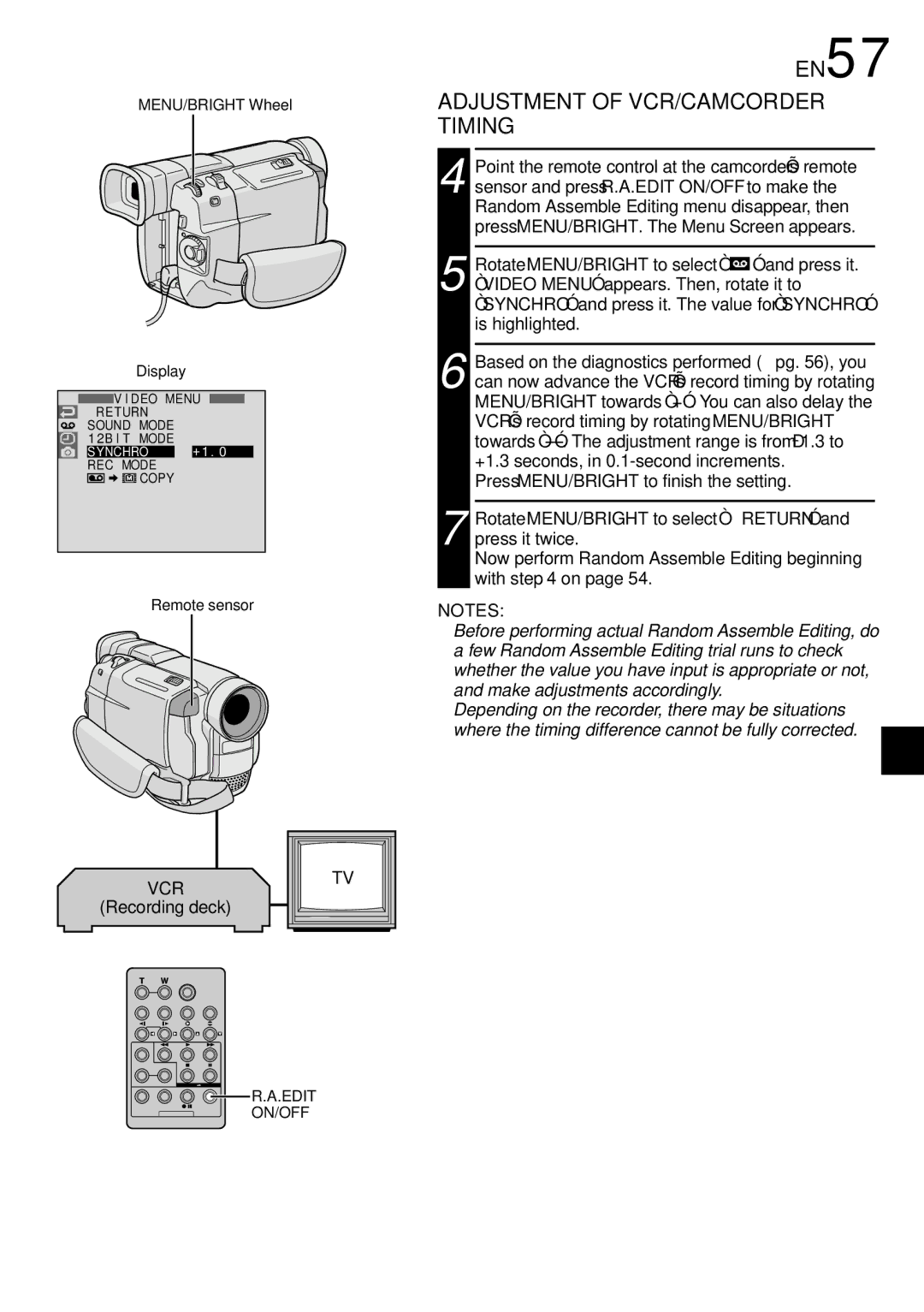 JVC GR-DVL800 specifications EN57, Adjustment of VCR/CAMCORDER Timing 