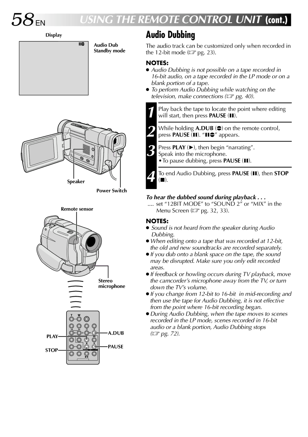 JVC GR-DVL800 specifications 58 EN, Audio Dubbing, To hear the dubbed sound during playback 