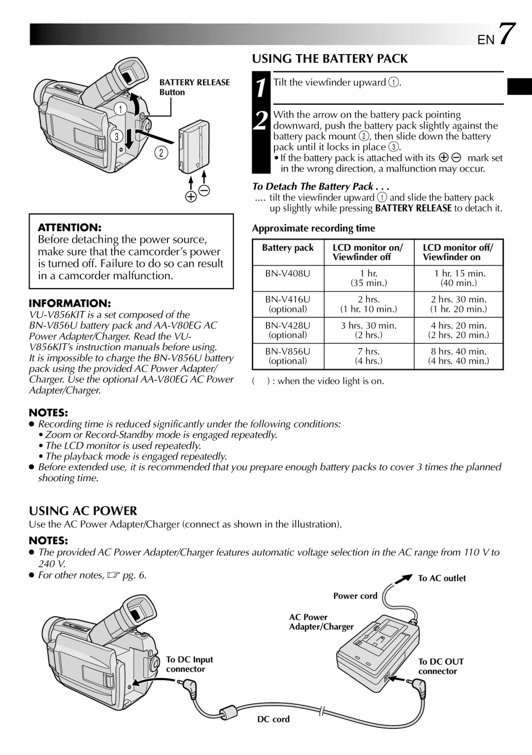 JVC GR-DVL800 specifications Using the Battery Pack, Using AC Power, To Detach The Battery Pack, Approximate recording time 