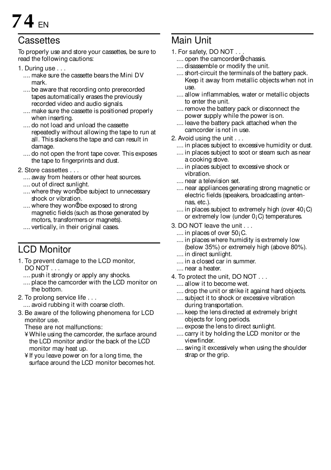 JVC GR-DVL800 specifications 74 EN 