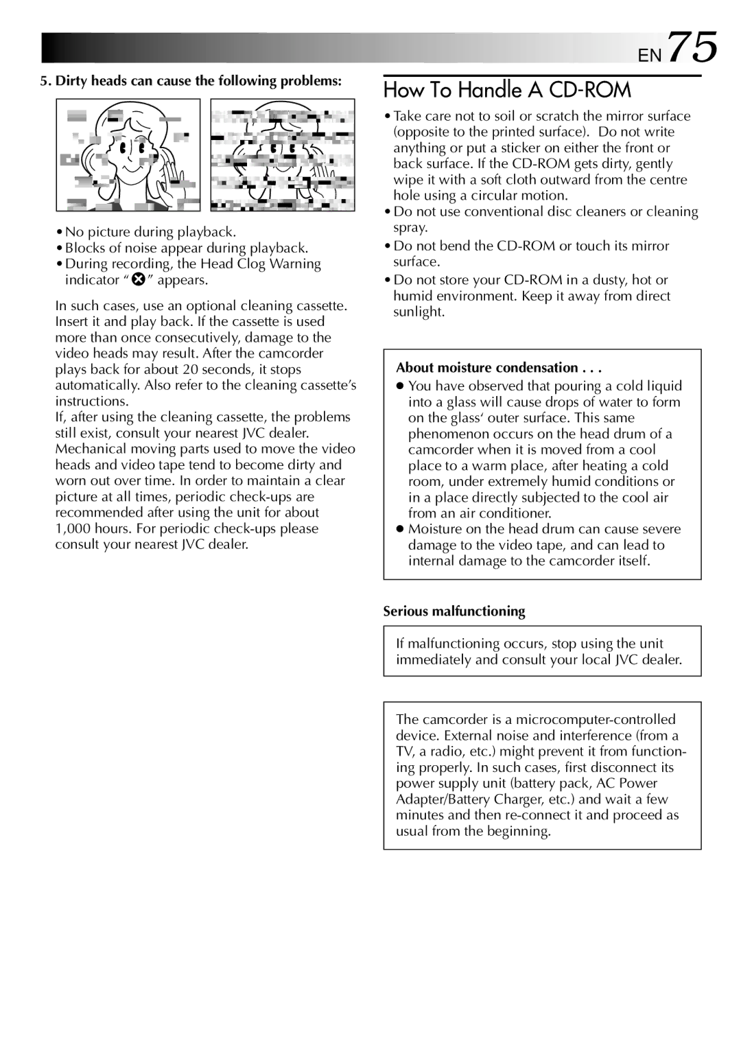 JVC GR-DVL800 specifications EN75, About moisture condensation, Serious malfunctioning 