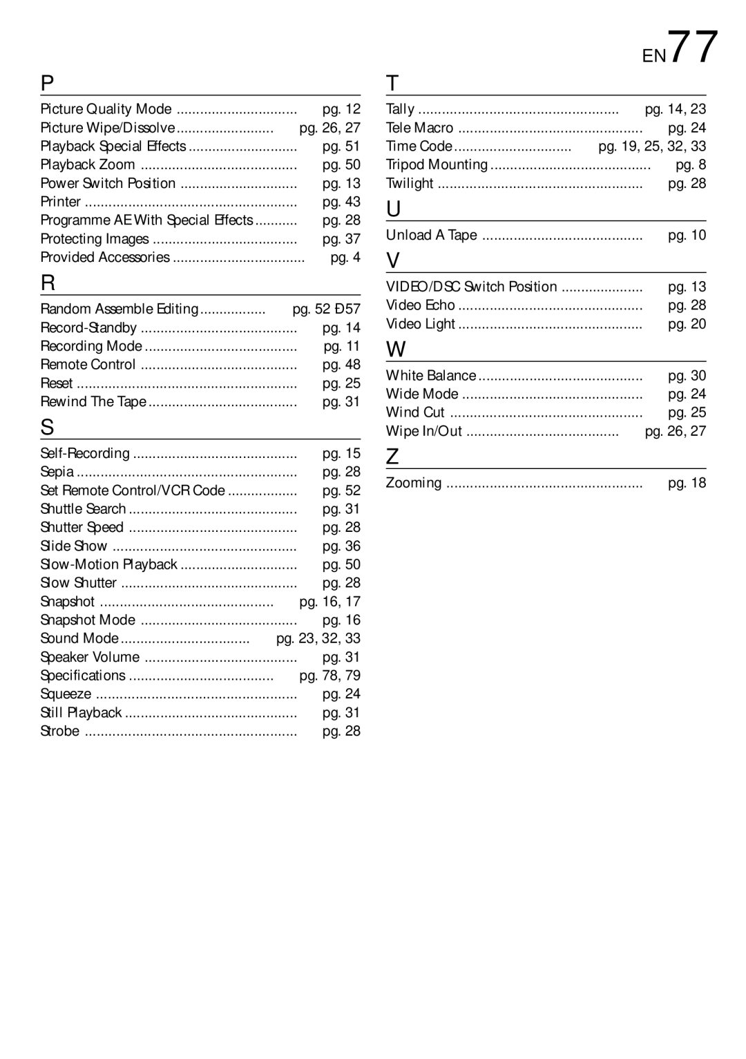 JVC GR-DVL800 specifications EN77, Time Code  pg , 25, 32 