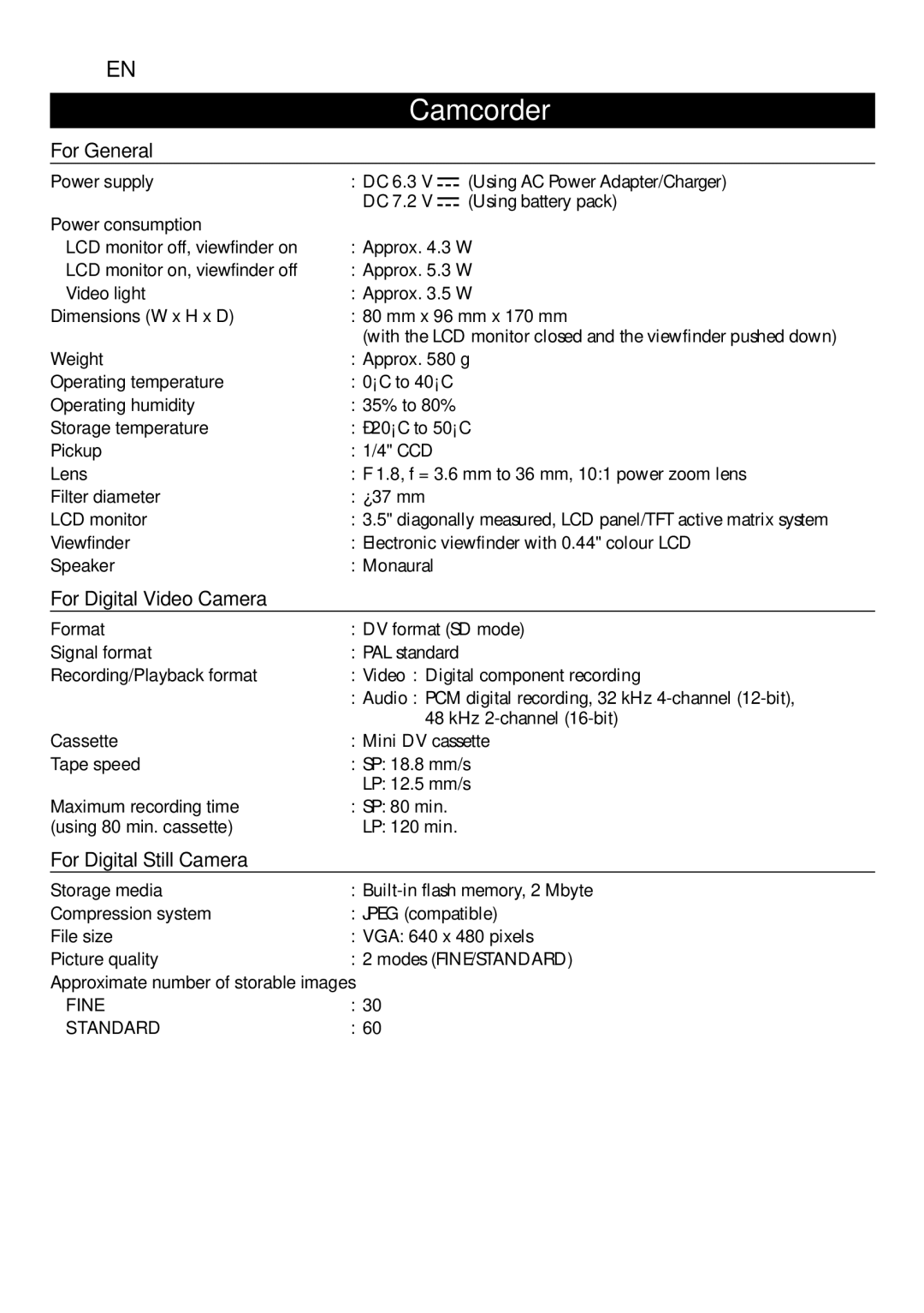 JVC GR-DVL800 specifications 78 EN, For General, For Digital Video Camera, For Digital Still Camera 