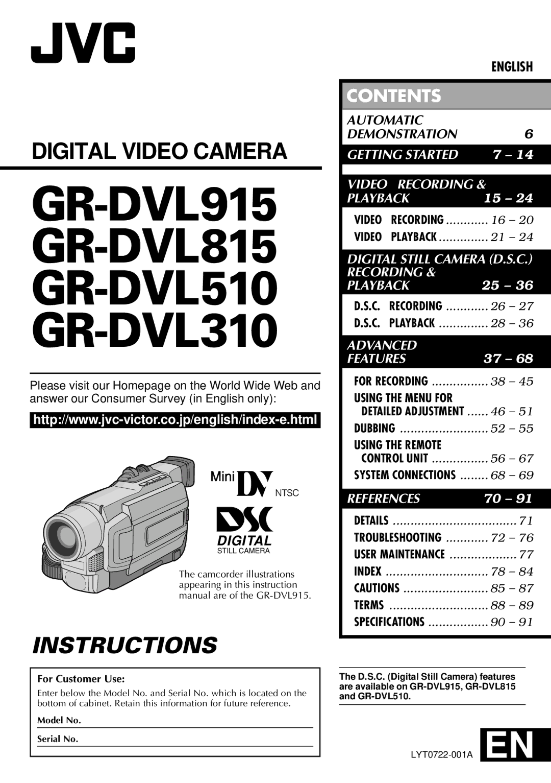 JVC specifications GR-DVL915 GR-DVL815 GR-DVL510 GR-DVL310 