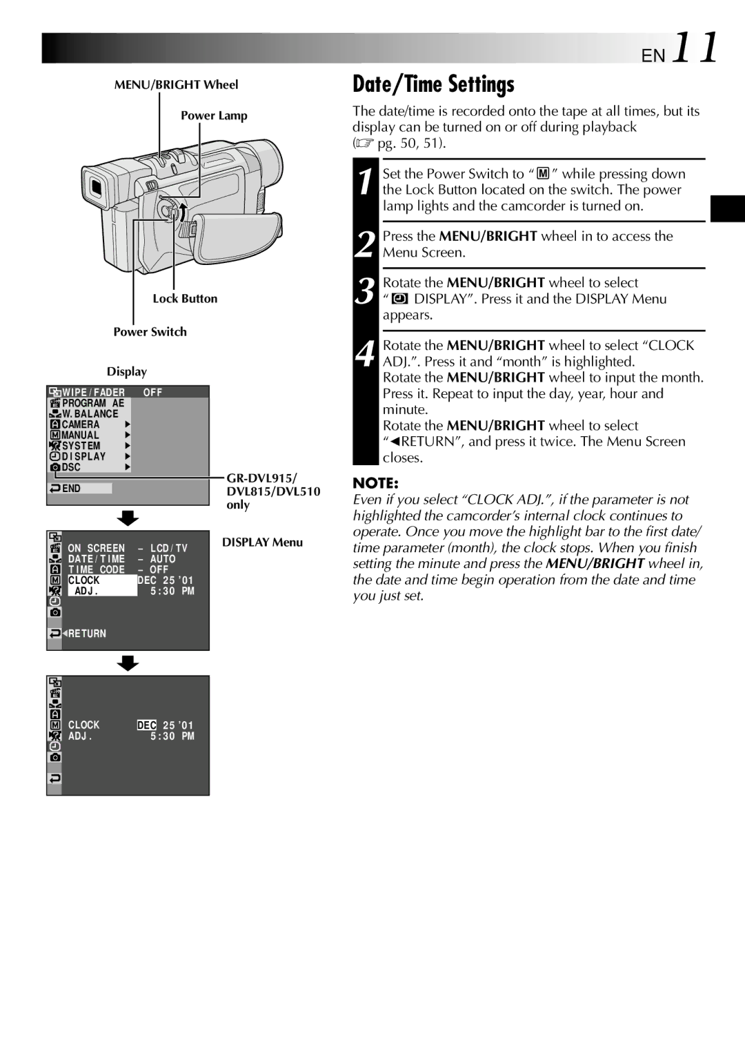 JVC GR-DVL310, GR-DVL815, GR-DVL510 specifications Date/Time Settings, EN11 