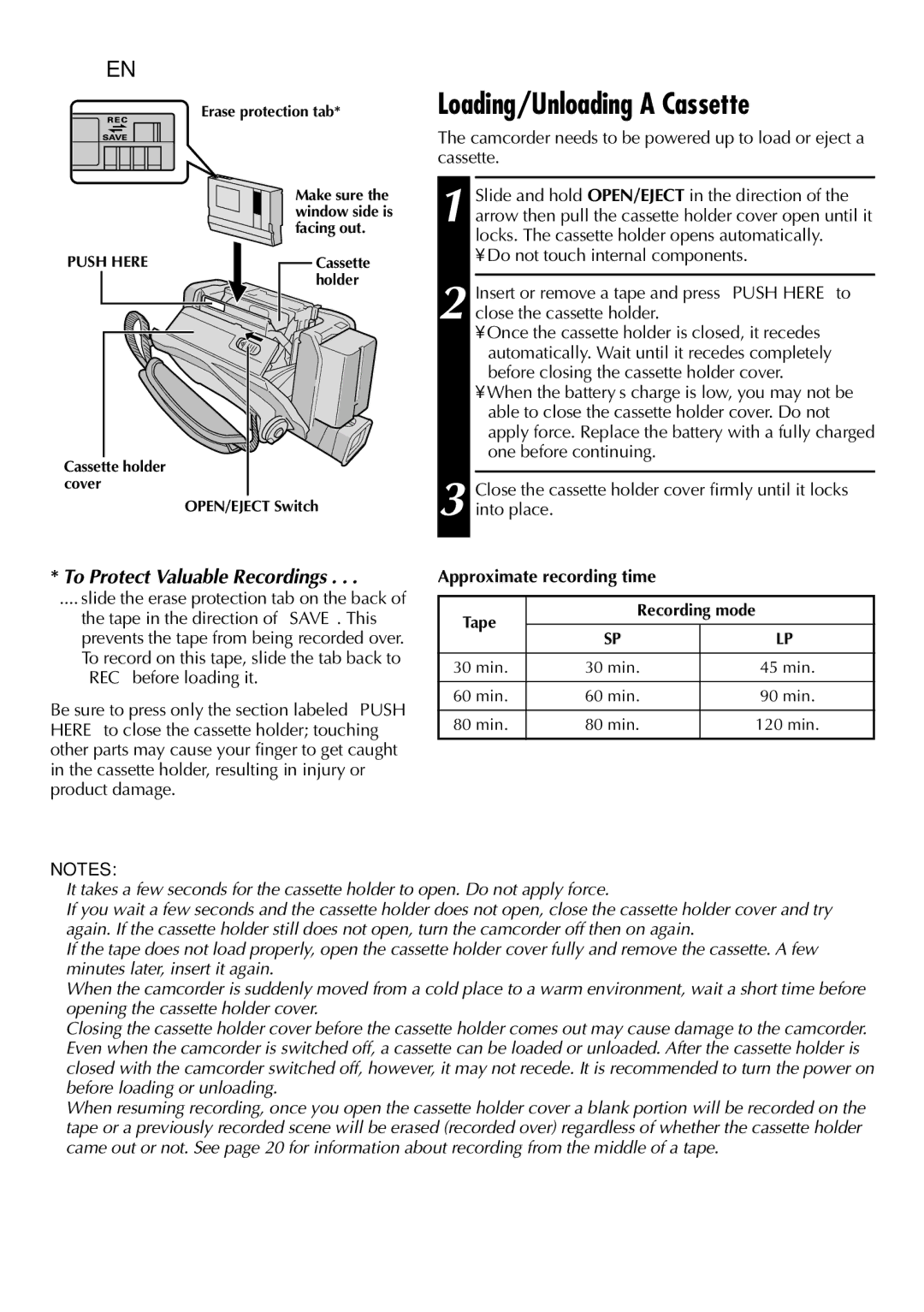 JVC GR-DVL815, GR-DVL510, GR-DVL310 specifications 12 EN, Loading/Unloading a Cassette, Approximate recording time 