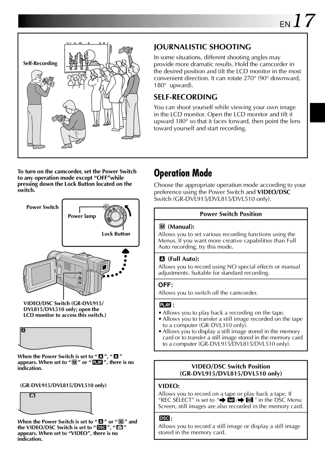 JVC GR-DVL310, GR-DVL815, GR-DVL510 specifications Operation Mode, EN17, Journalistic Shooting, Self-Recording, Off 