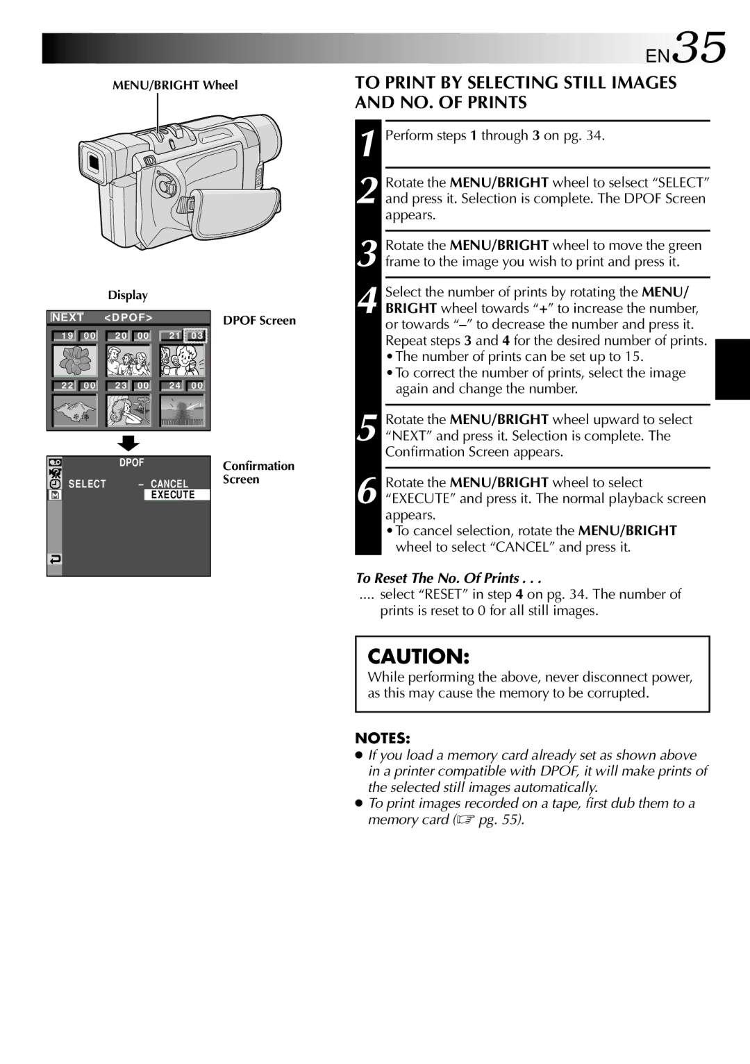 JVC GR-DVL310, GR-DVL815, GR-DVL510 EN35, To Print by Selecting Still Images and NO. of Prints, To Reset The No. Of Prints 