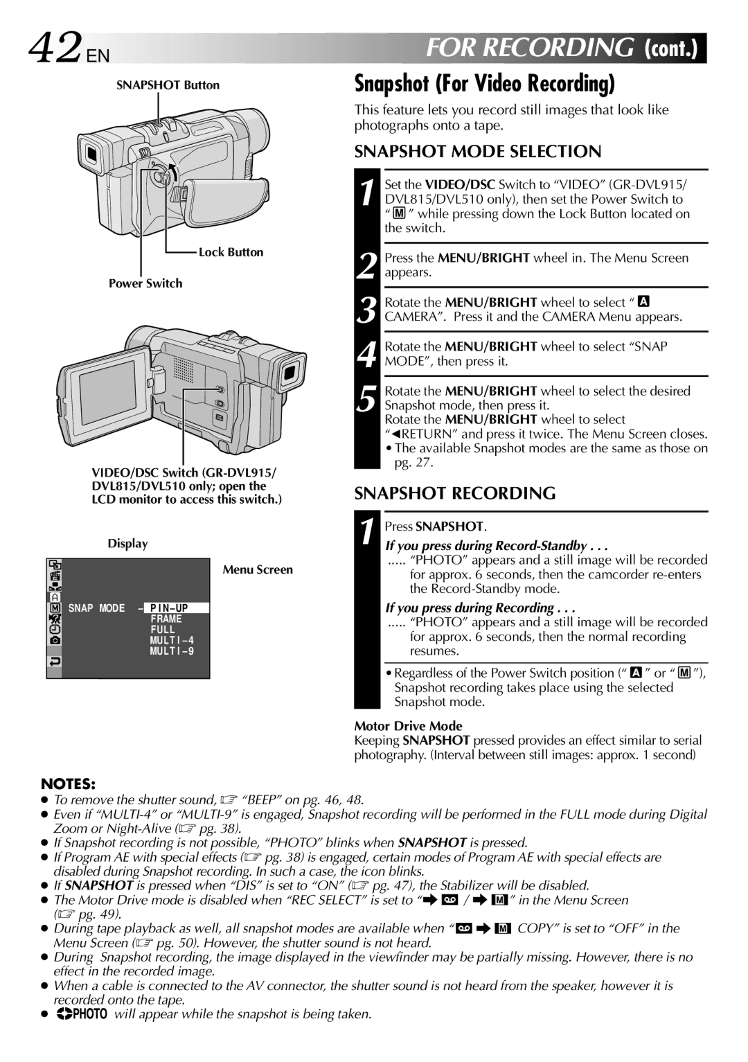 JVC GR-DVL815, GR-DVL510, GR-DVL310 specifications 42 EN, Snapshot For Video Recording 