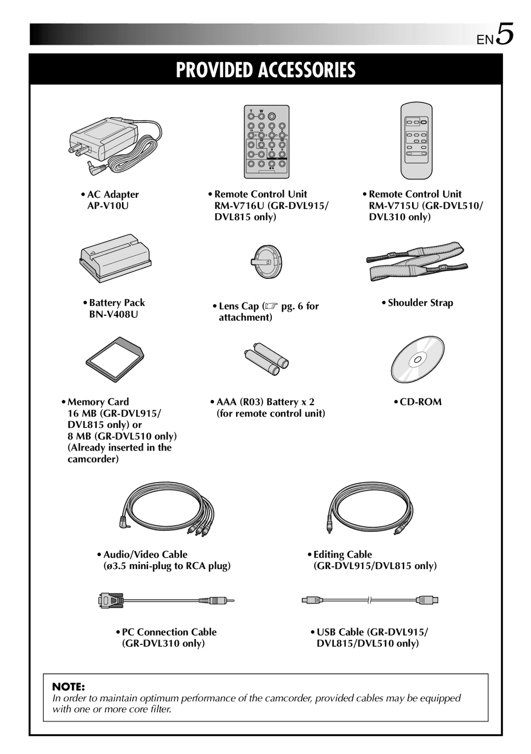 JVC GR-DVL815, GR-DVL510 AC Adapter, Memory Card MB GR-DVL915/ DVL815 only or, PC Connection Cable, GR-DVL310 only 