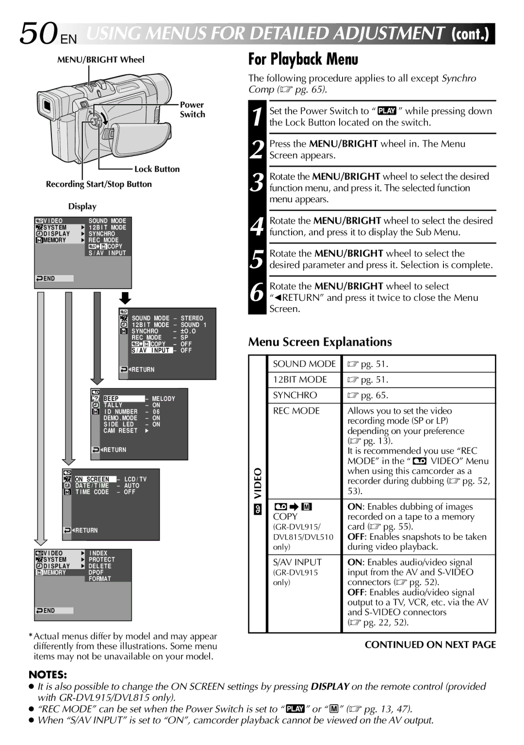 JVC GR-DVL310, GR-DVL815, GR-DVL510 For Playback Menu, Following procedure applies to all except Synchro Comp  pg 