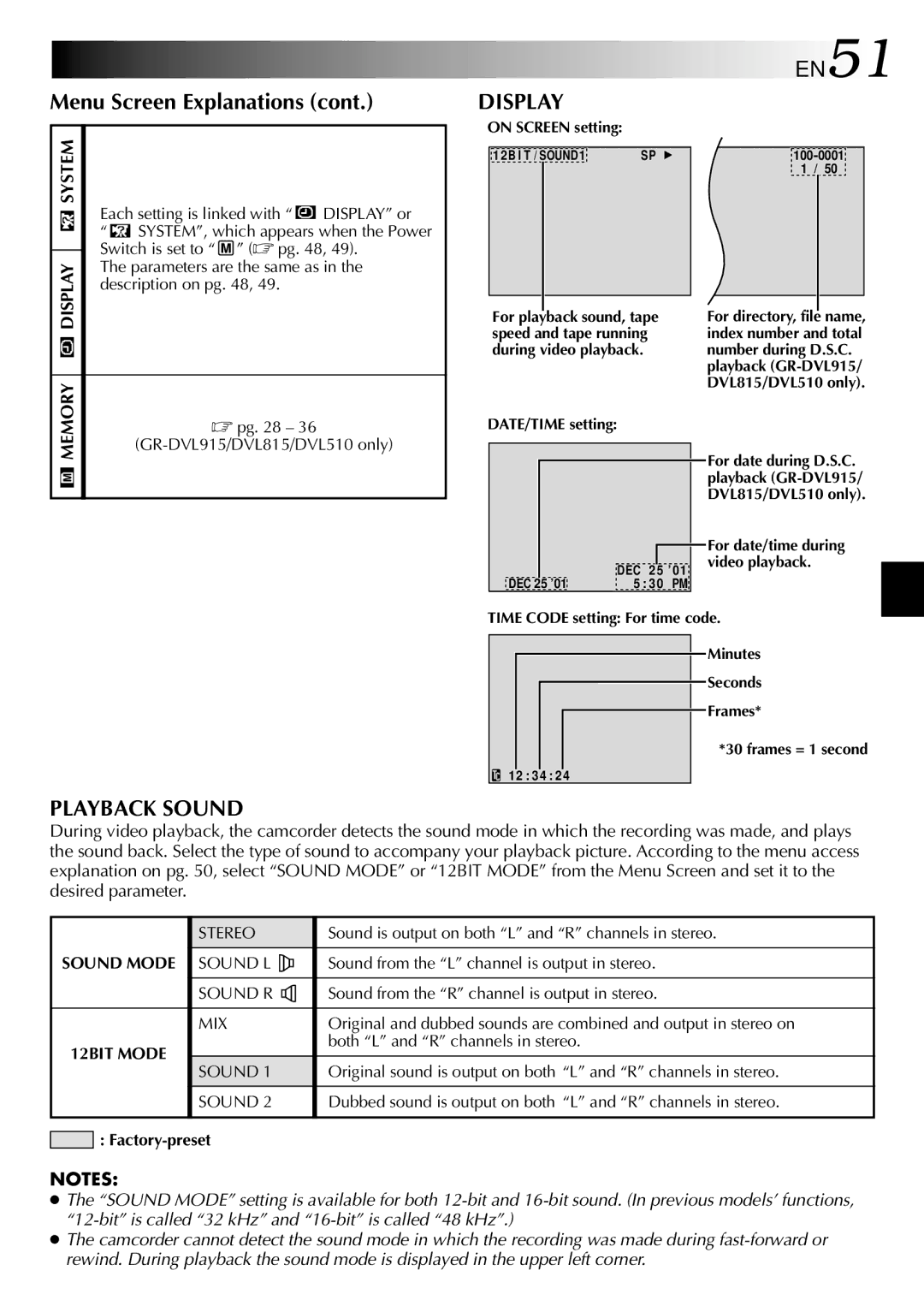 JVC GR-DVL815, GR-DVL510, GR-DVL310 specifications Display, EN51, Playback Sound 