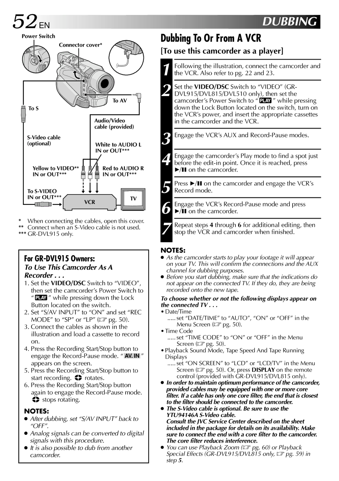 JVC GR-DVL510, GR-DVL815 52 EN, Dubbing To Or From a VCR, To use this camcorder as a player, For GR-DVL915 Owners 