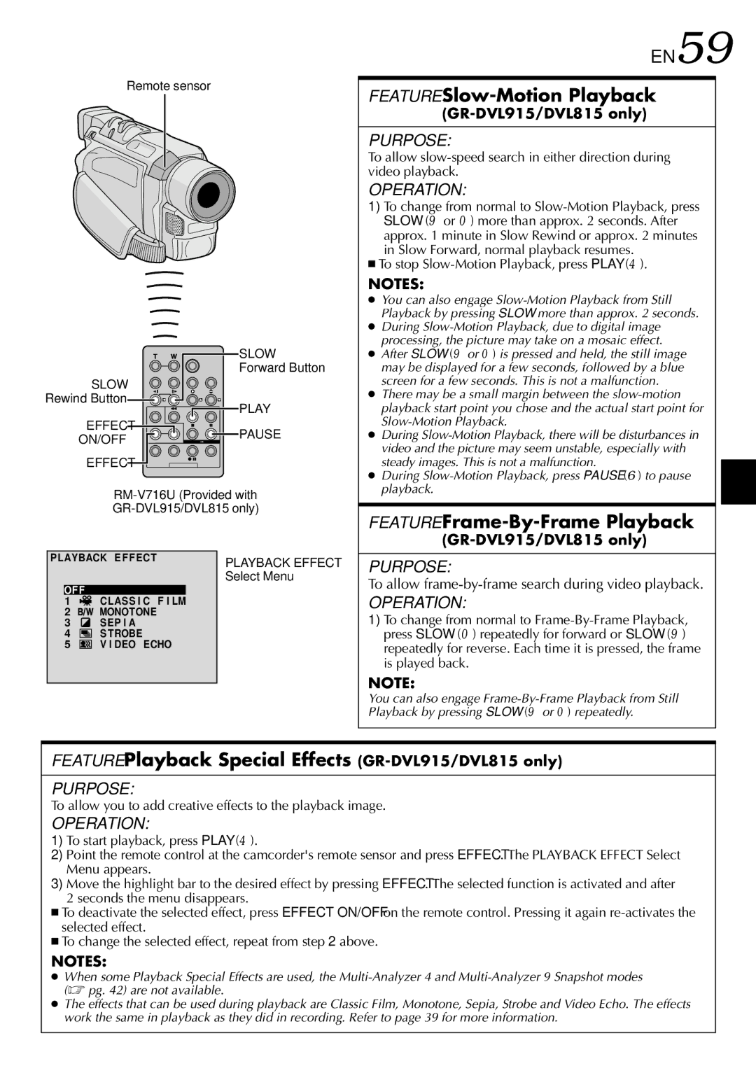 JVC GR-DVL310, GR-DVL815 EN59, Feature Slow-Motion Playback, Feature Frame-By-Frame Playback, GR-DVL915/DVL815 only 