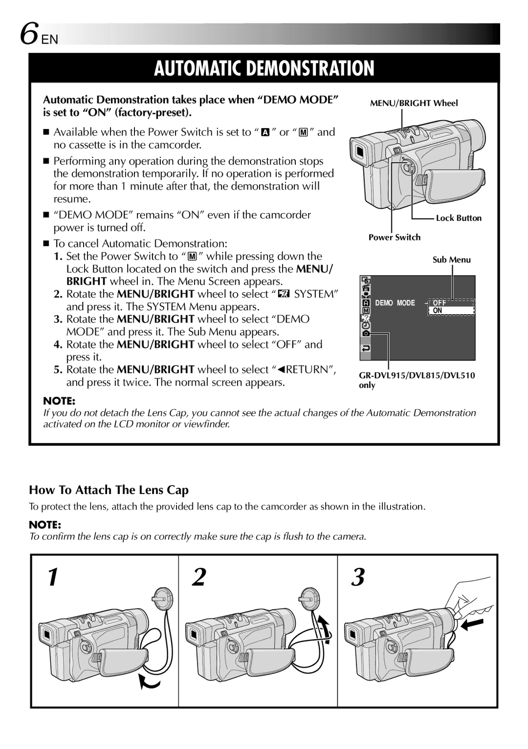 JVC GR-DVL815, GR-DVL510, GR-DVL310 specifications Automatic Demonstration, How To Attach The Lens Cap 