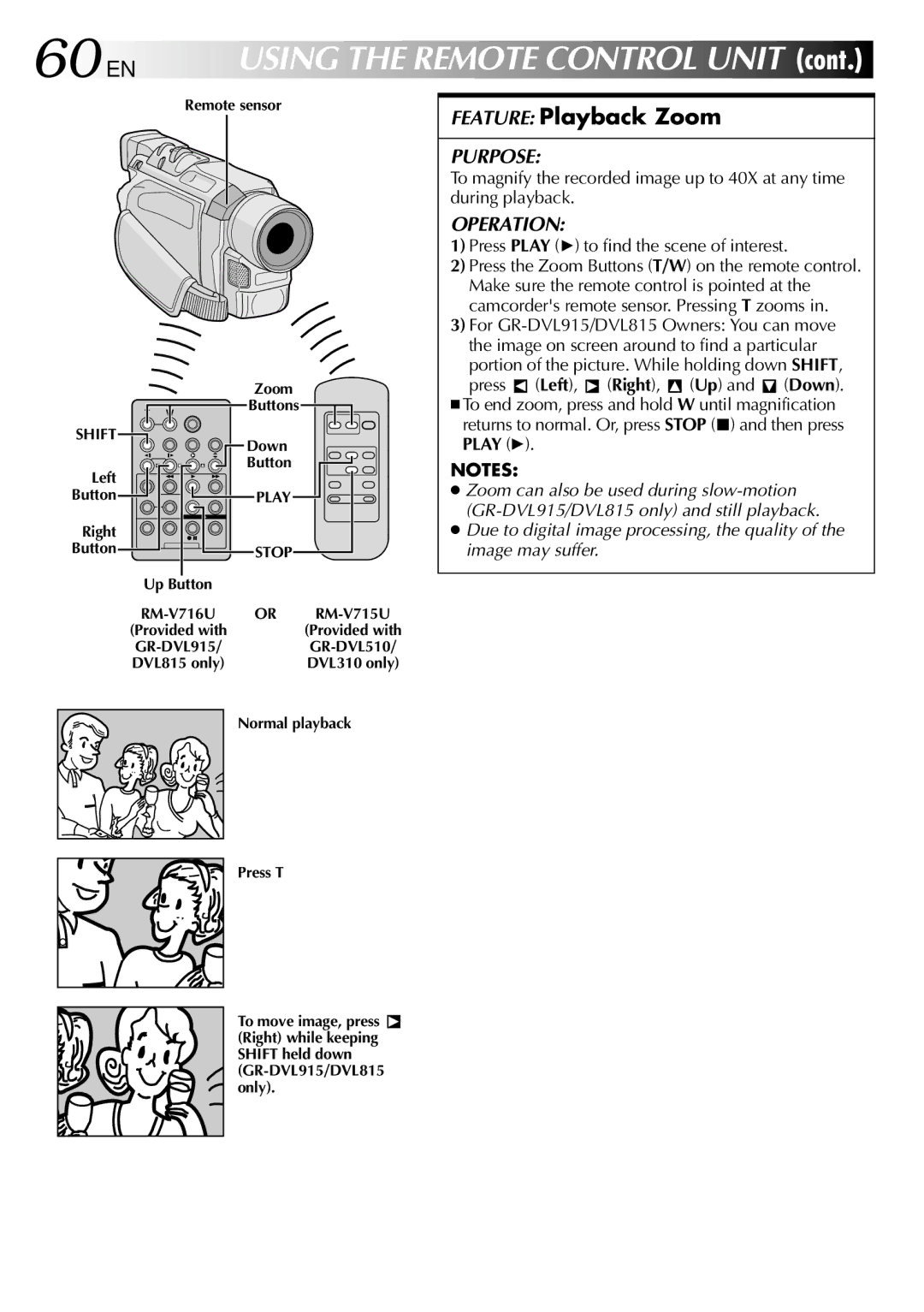 JVC GR-DVL815, GR-DVL510, GR-DVL310 specifications 60 EN, Feature Playback Zoom, Press Play 4 to find the scene of interest 