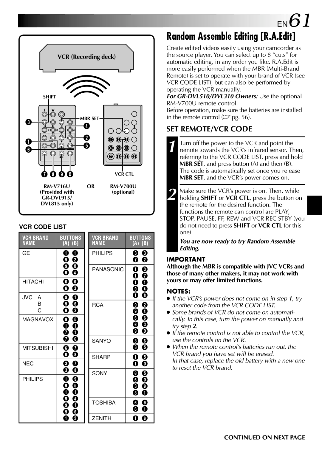 JVC GR-DVL815, GR-DVL310 EN61, SET REMOTE/VCR Code, For GR-DVL510/DVL310 Owners Use the optional, VCR Code List 