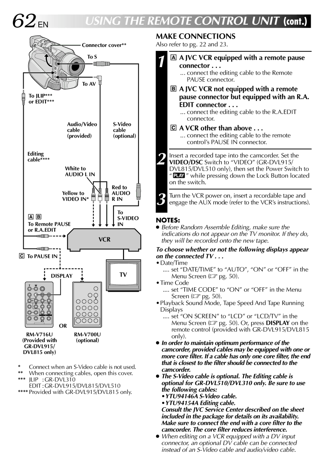 JVC GR-DVL310, GR-DVL815 62 EN, Make Connections, JVC VCR equipped with a remote pause connector, VCR other than above 