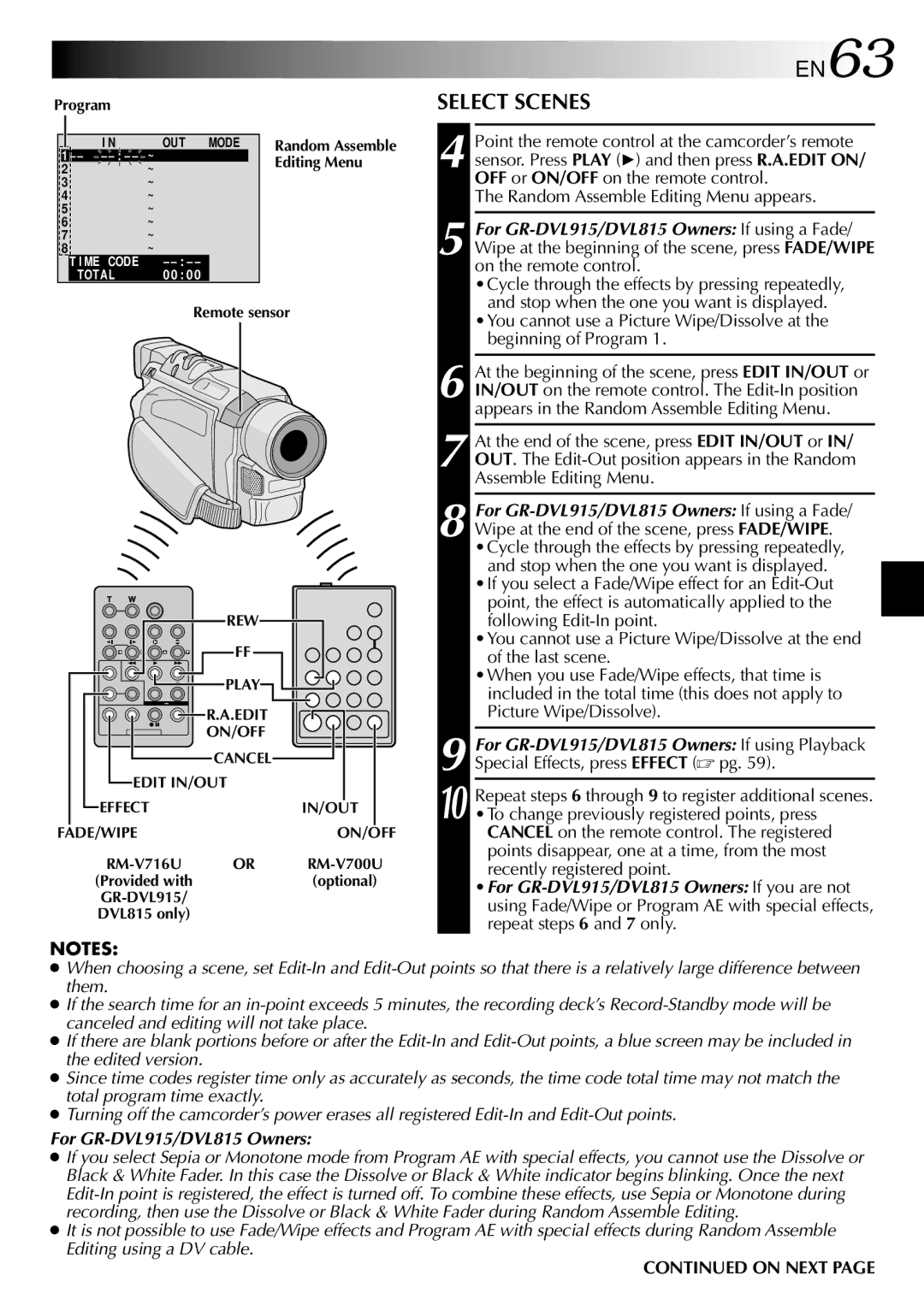 JVC GR-DVL815, GR-DVL510, GR-DVL310 specifications EN63, Select Scenes, For GR-DVL915/DVL815 Owners 