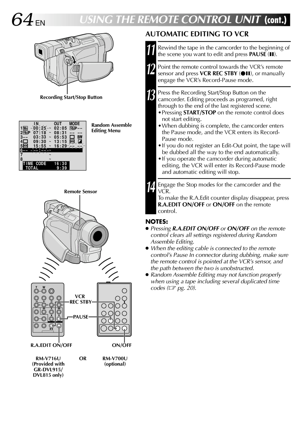 JVC GR-DVL510, GR-DVL815, GR-DVL310 specifications 64 EN, Automatic Editing to VCR 