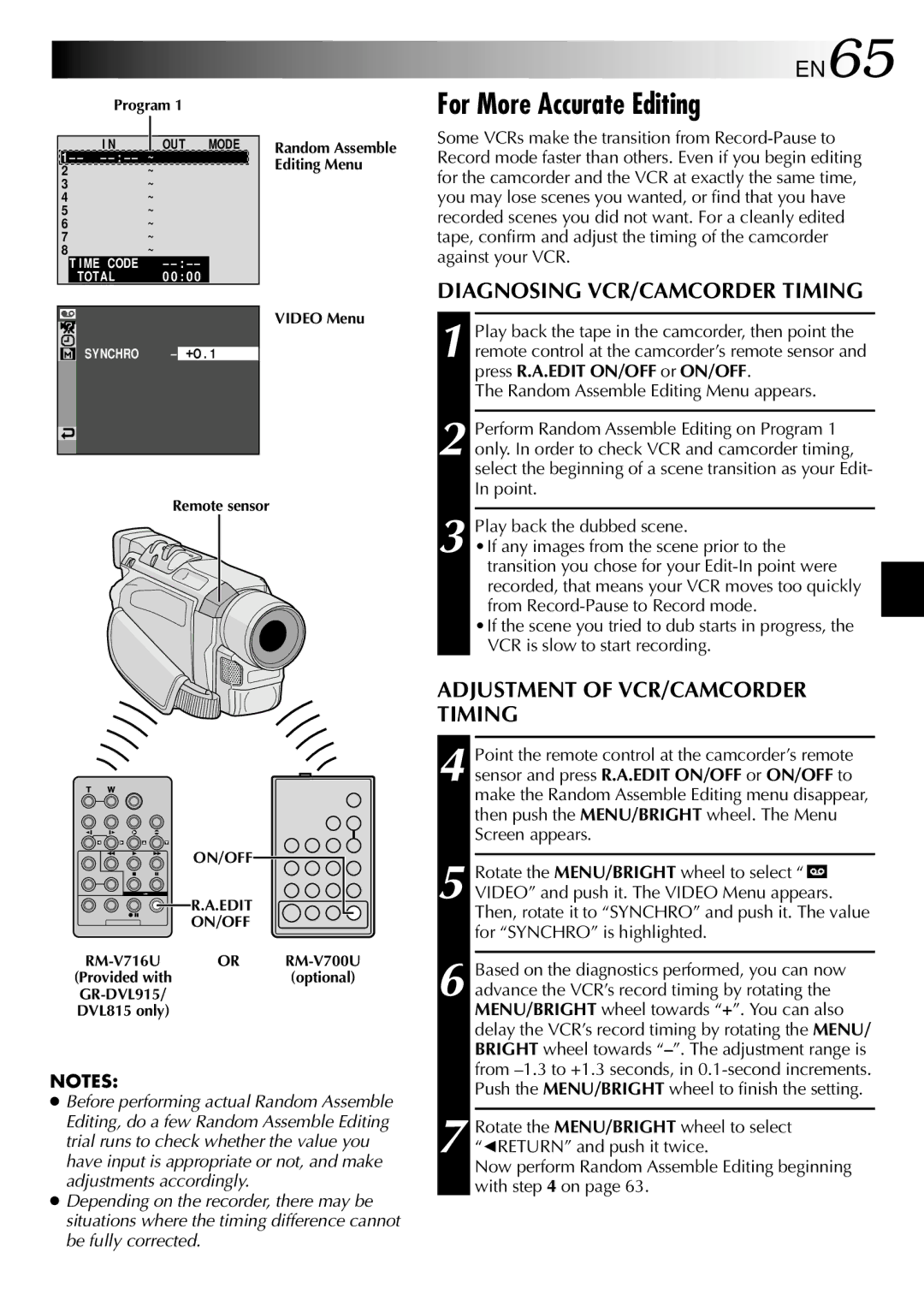 JVC GR-DVL310 For More Accurate Editing, EN65, Diagnosing VCR/CAMCORDER Timing, Adjustment of VCR/CAMCORDER Timing 