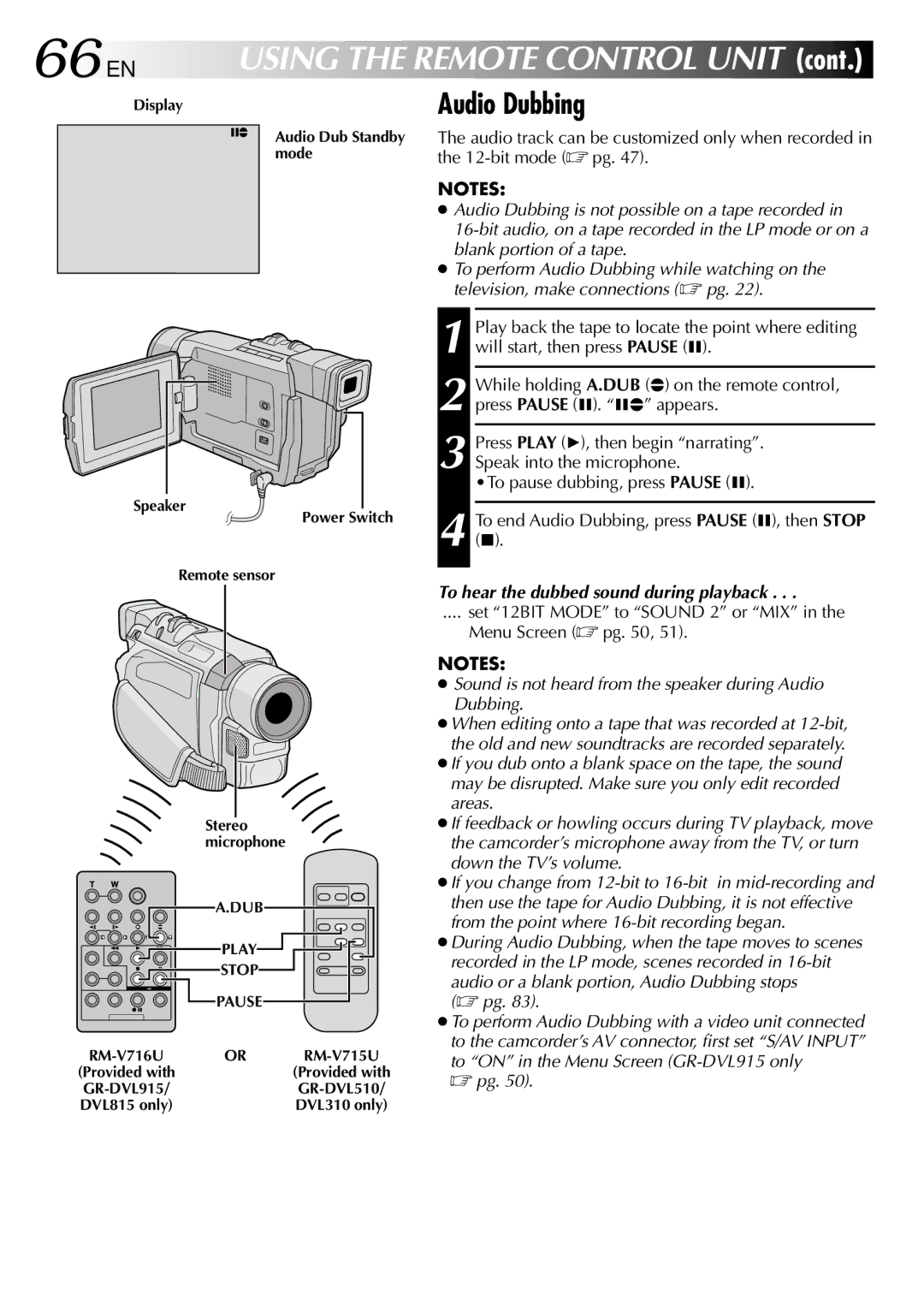 JVC GR-DVL815, GR-DVL510, GR-DVL310 specifications 66 EN, Audio Dubbing, To hear the dubbed sound during playback 