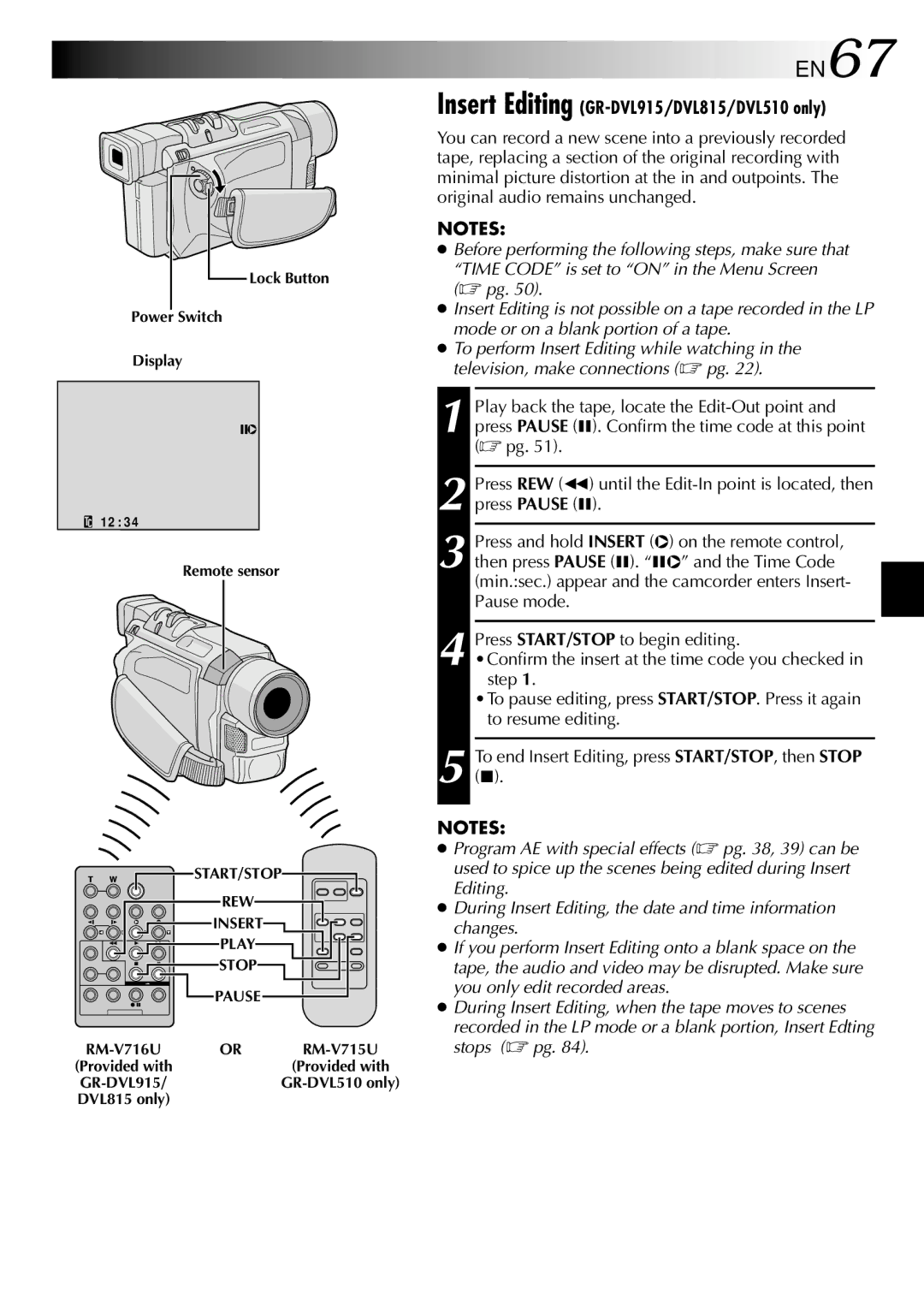 JVC GR-DVL510, GR-DVL815, GR-DVL310 specifications EN67, Insert Editing GR-DVL915/DVL815/DVL510 only 