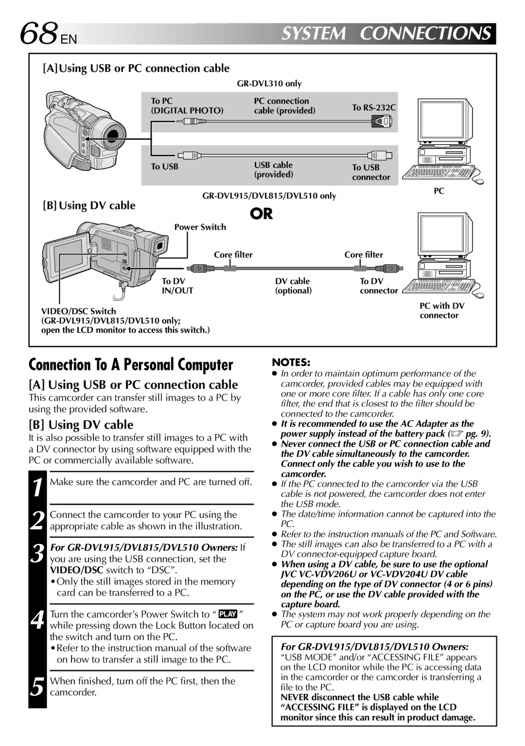 JVC GR-DVL310, GR-DVL815, GR-DVL510 specifications Using DV cable, AUsing USB or PC connection cable 